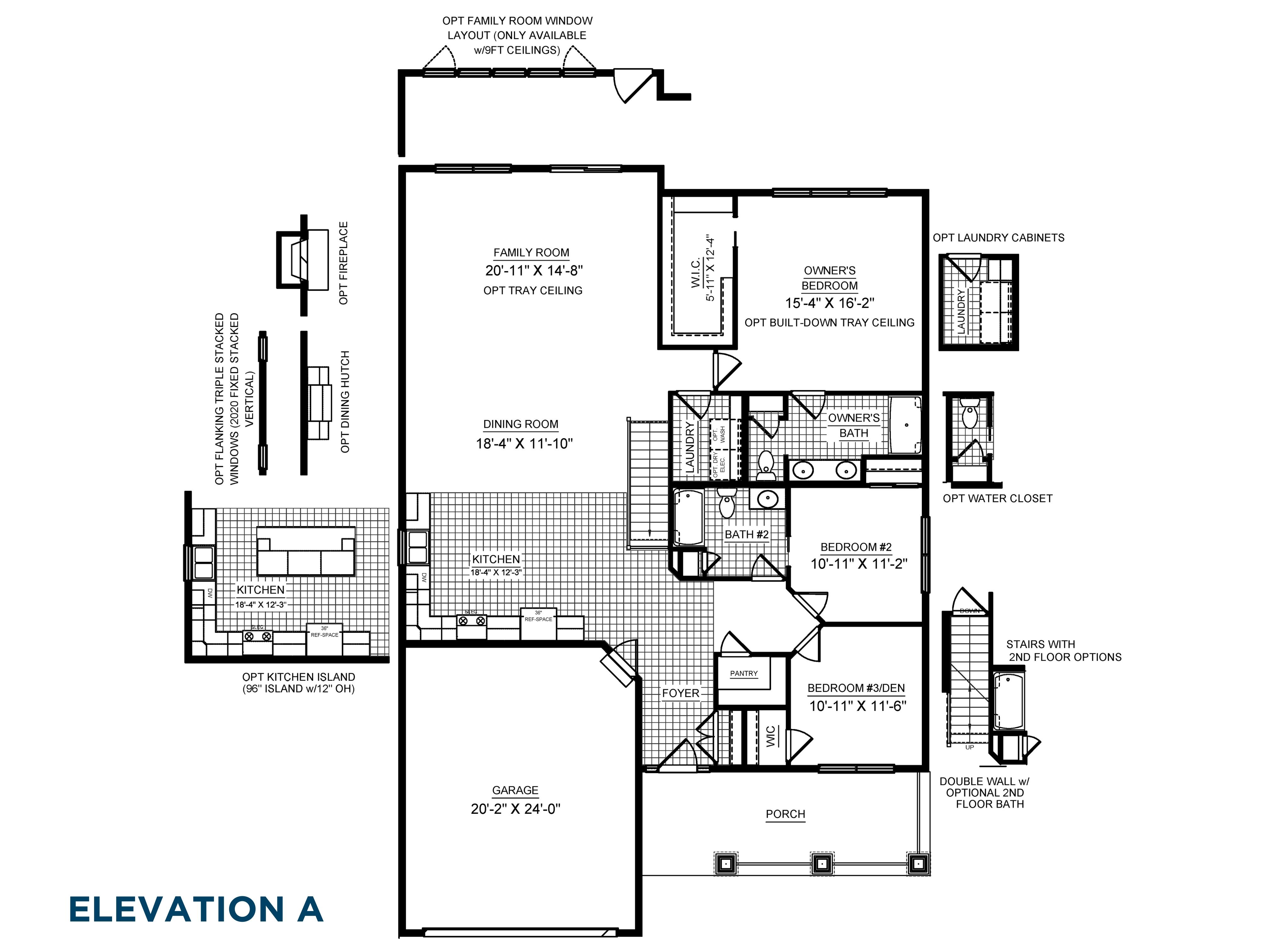 Floorplan drawing - Chatham single family home - main level living area with 3 bedrooms, two baths, two car garage - also showing optional features