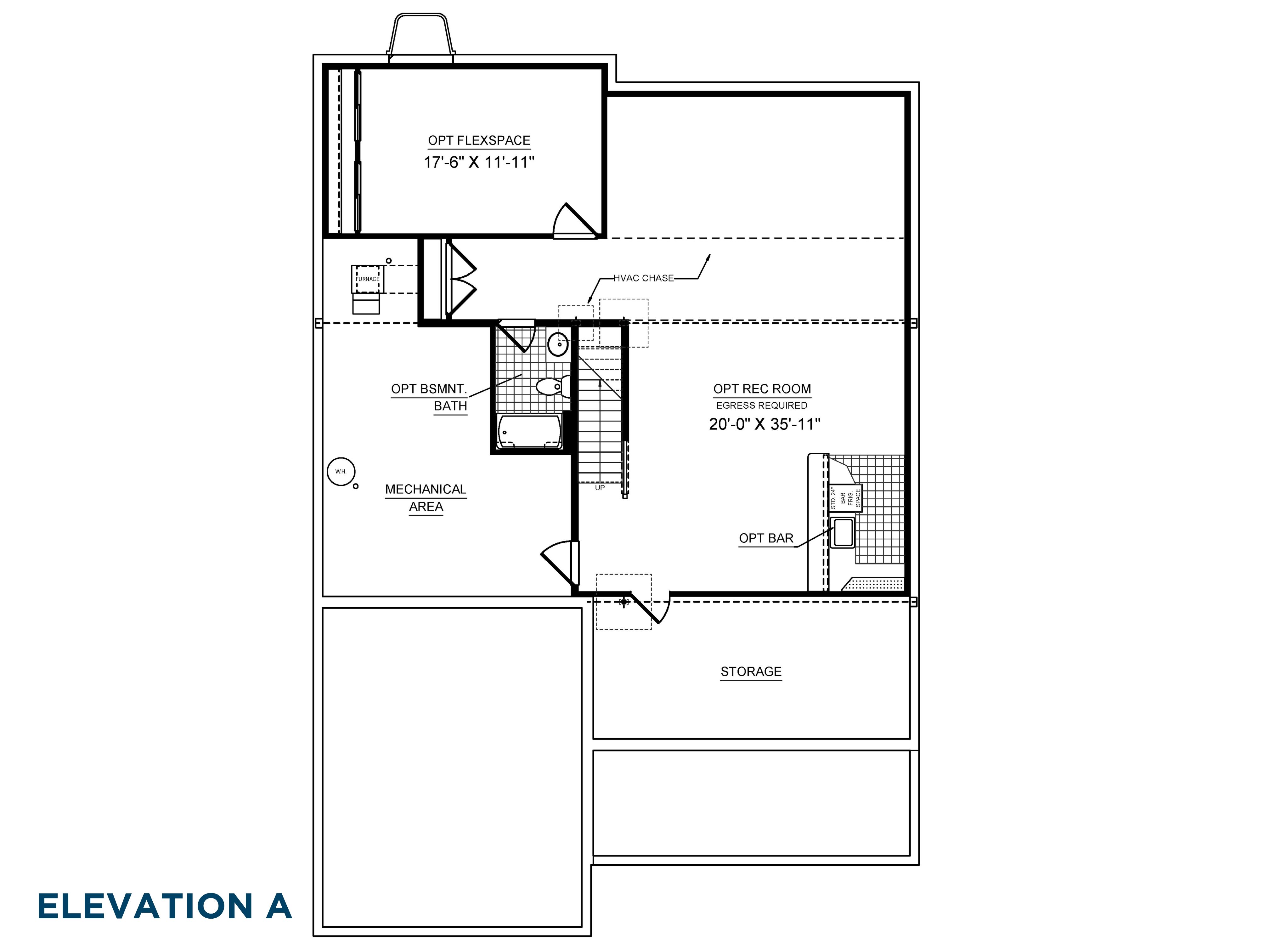 Floorplan drawing - Chatham single family home - basement level with finish options
