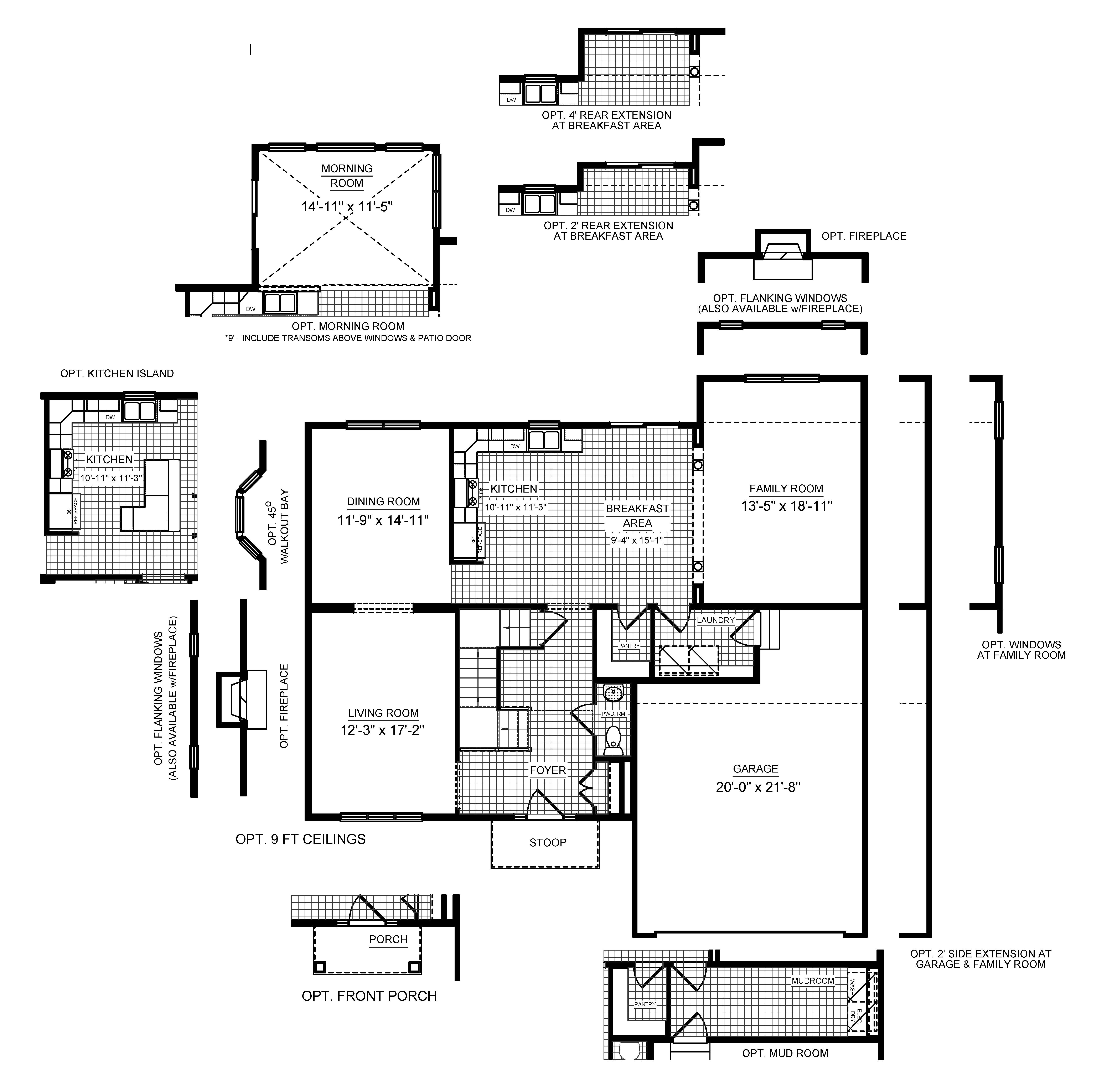 Floorplan drawing - Wyndham single family home - main level living area with living room, dining room, kitchen, family room, and two car garage