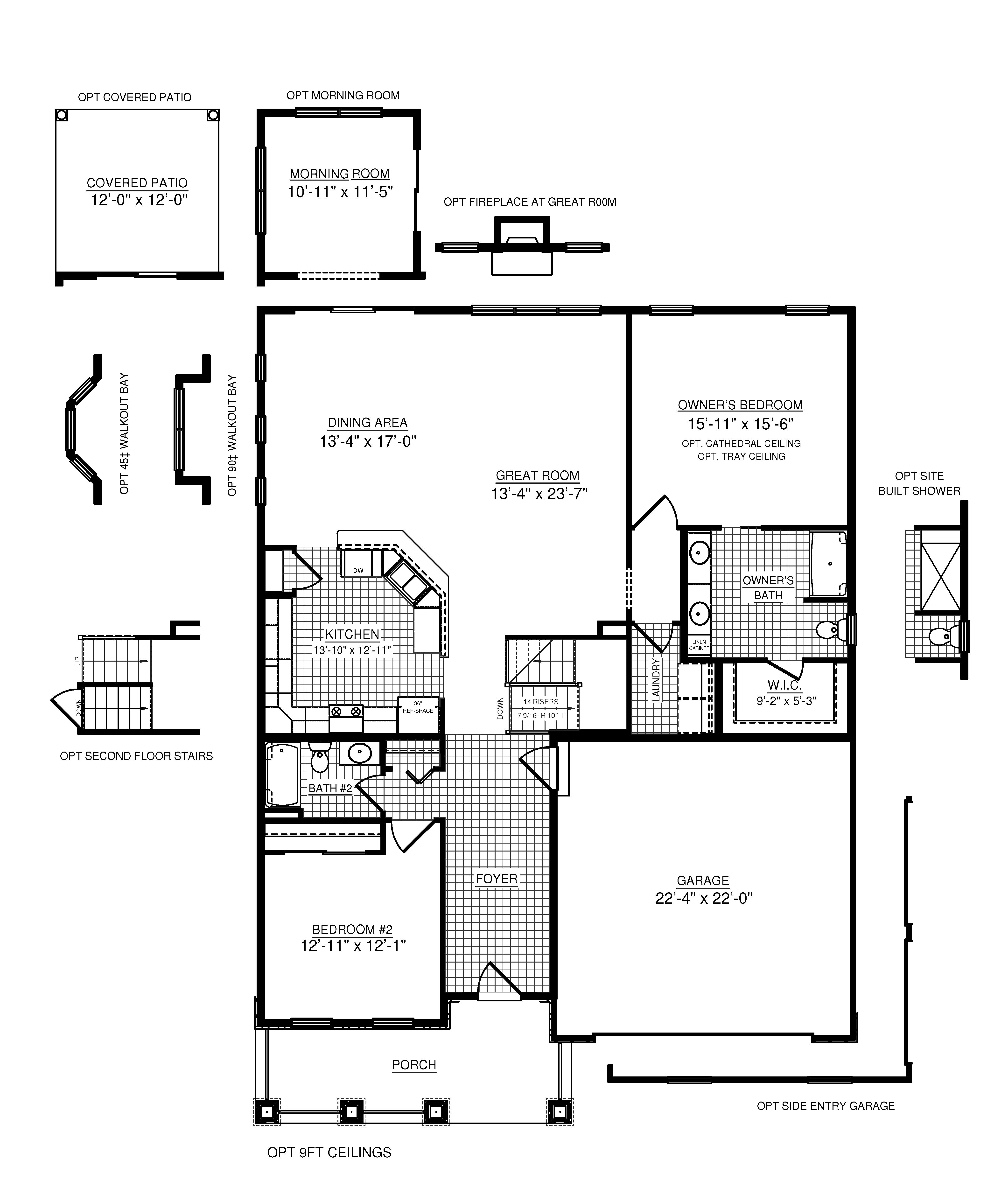 Floorplan drawing - Camden single family home - main level of ranch home with two bedrooms, living area, and two baths - showing available options.