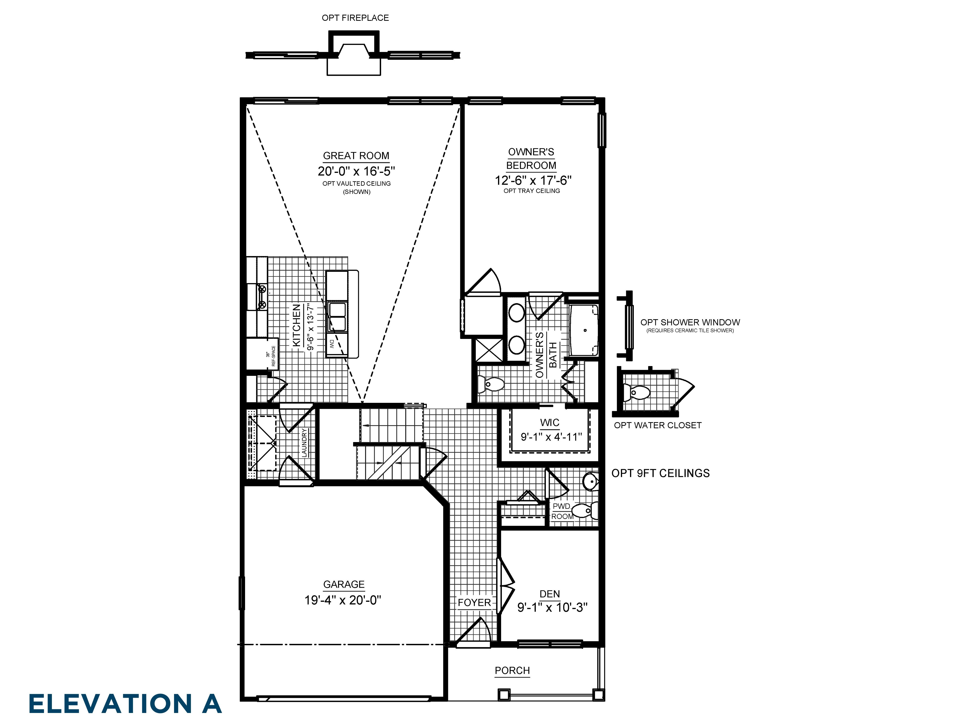 Floorplan drawing - Chilton single family home - main level living area with first floor bedroom and study, and two car garage