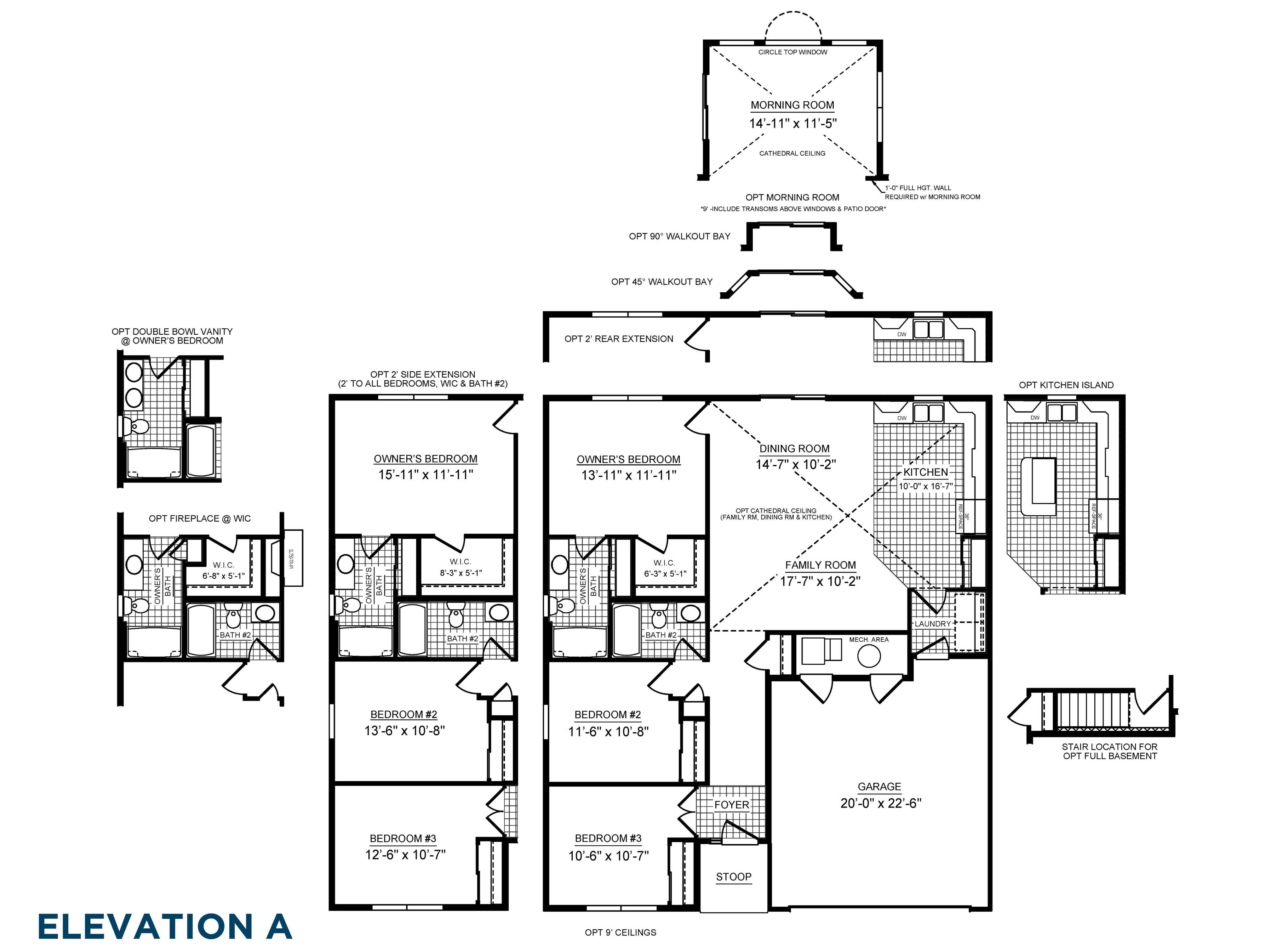 Floorplan drawing - Elmcrest ranch single family home - main level with 3 bedrooms, 2 baths, living area and 2 car garage