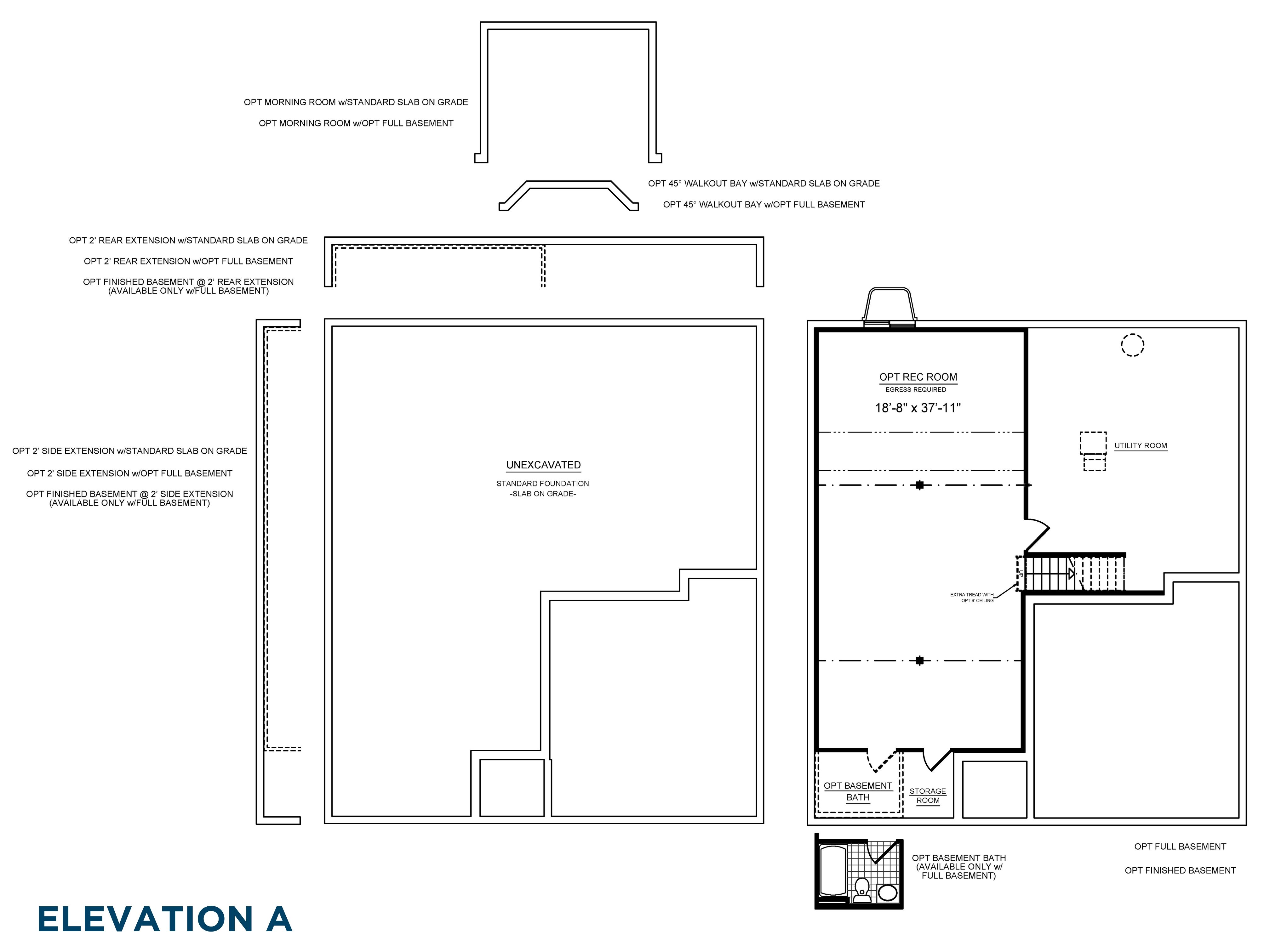 Floorplan drawing - Elmcrest ranch plan - basement layout with optional finished rec room