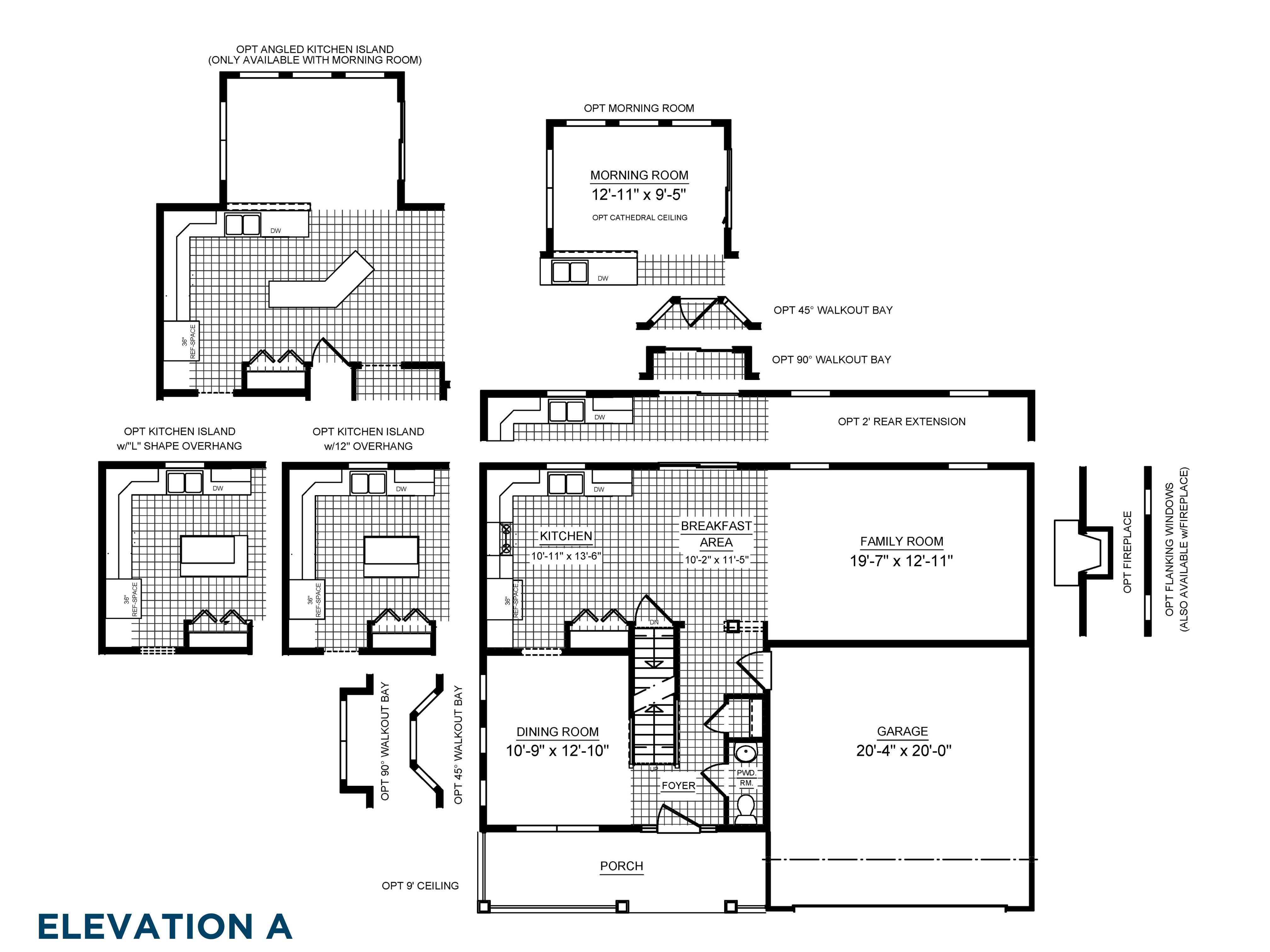 Floorplan drawing - Greenwood Elevations A and B - main level layout with two car garage