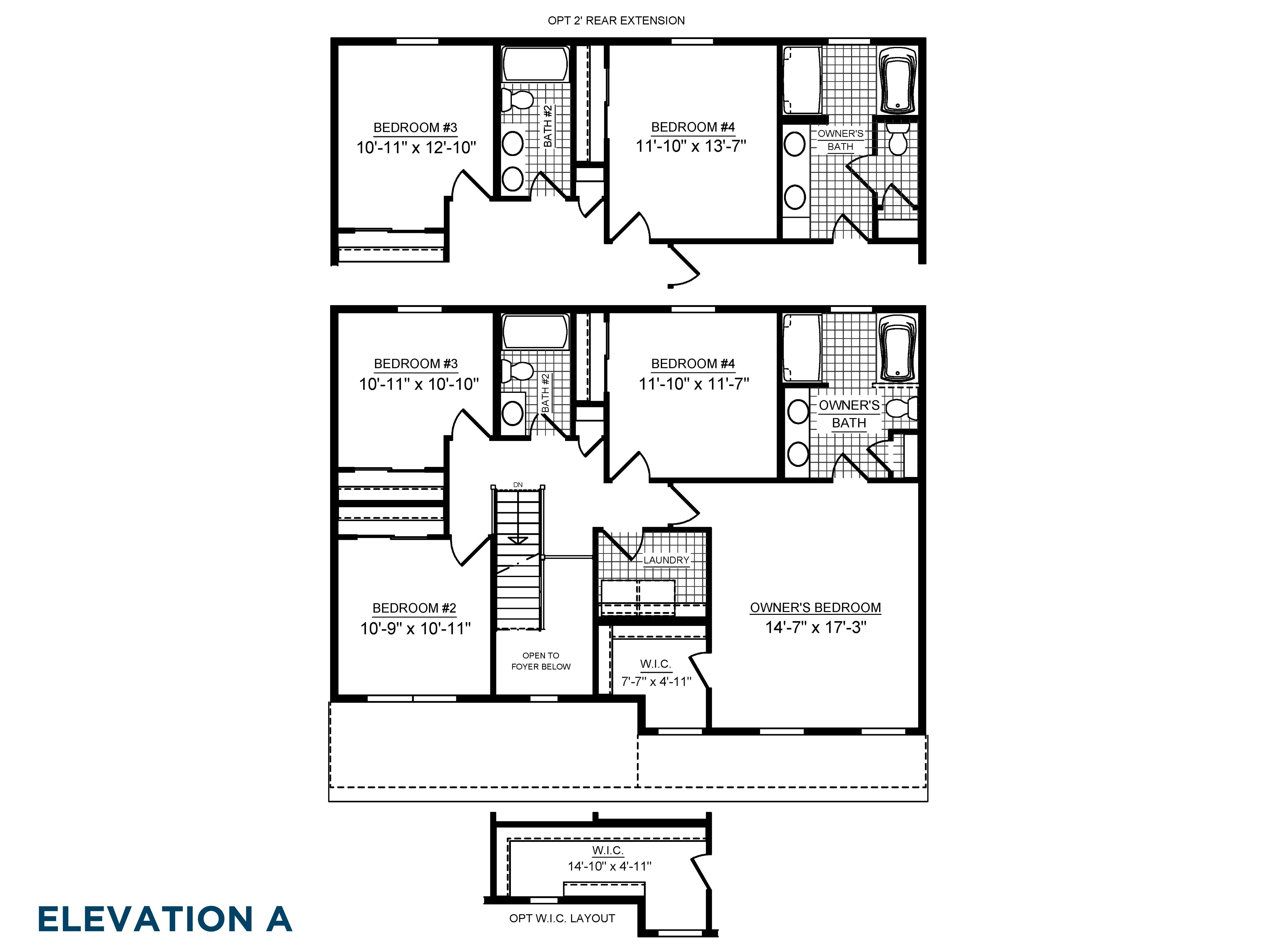 Floorplan drawing - Greenwood Elevations A and B - 2nd floor with 4 bedrooms and two baths