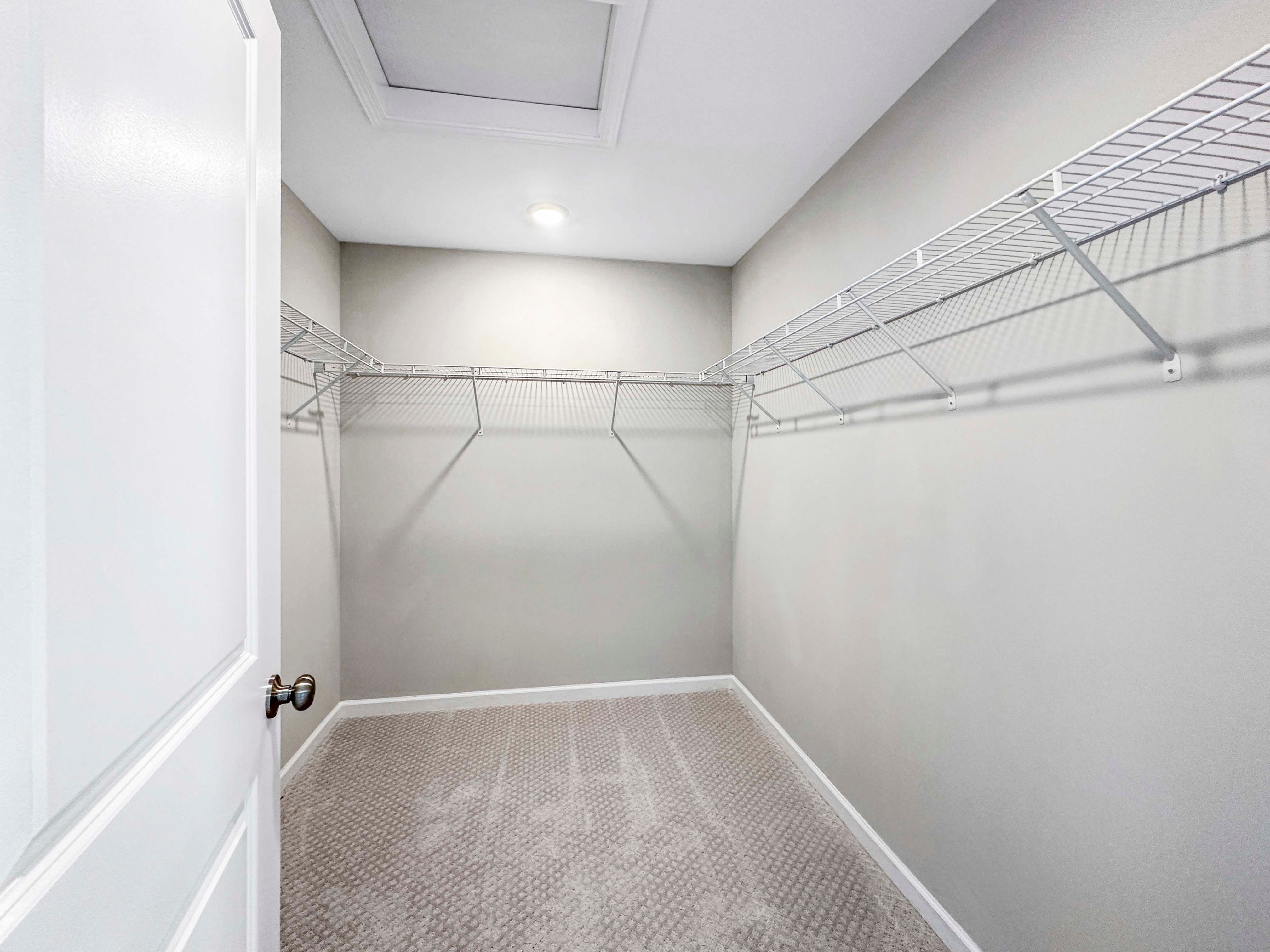 Unfurnished walk-in closet with wire shelving and soft gray carpet, providing ample storage space and overhead lighting.