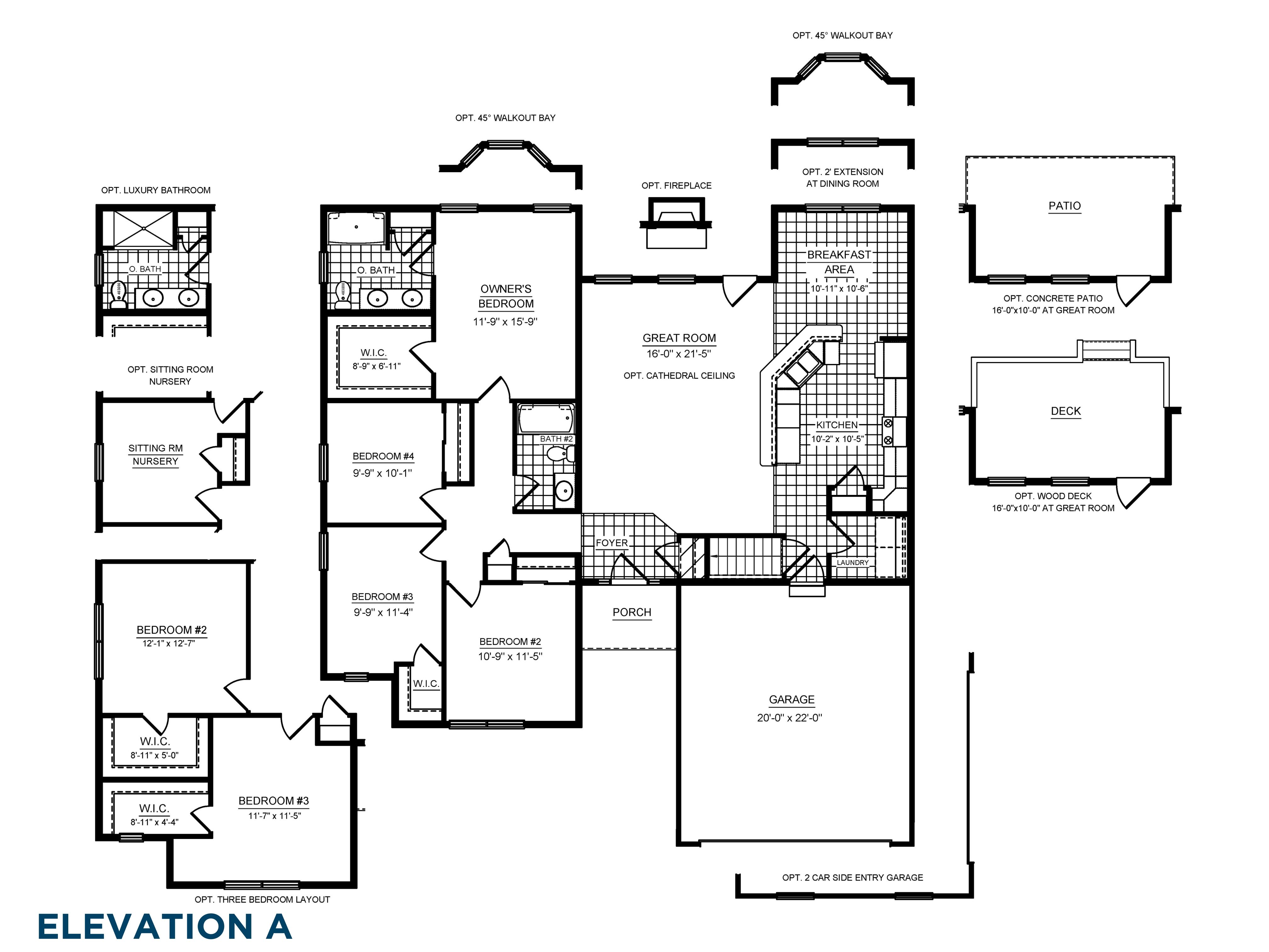 Floorplan drawing - ranch floorplan with 4 bedrooms and 2 car garage - main level