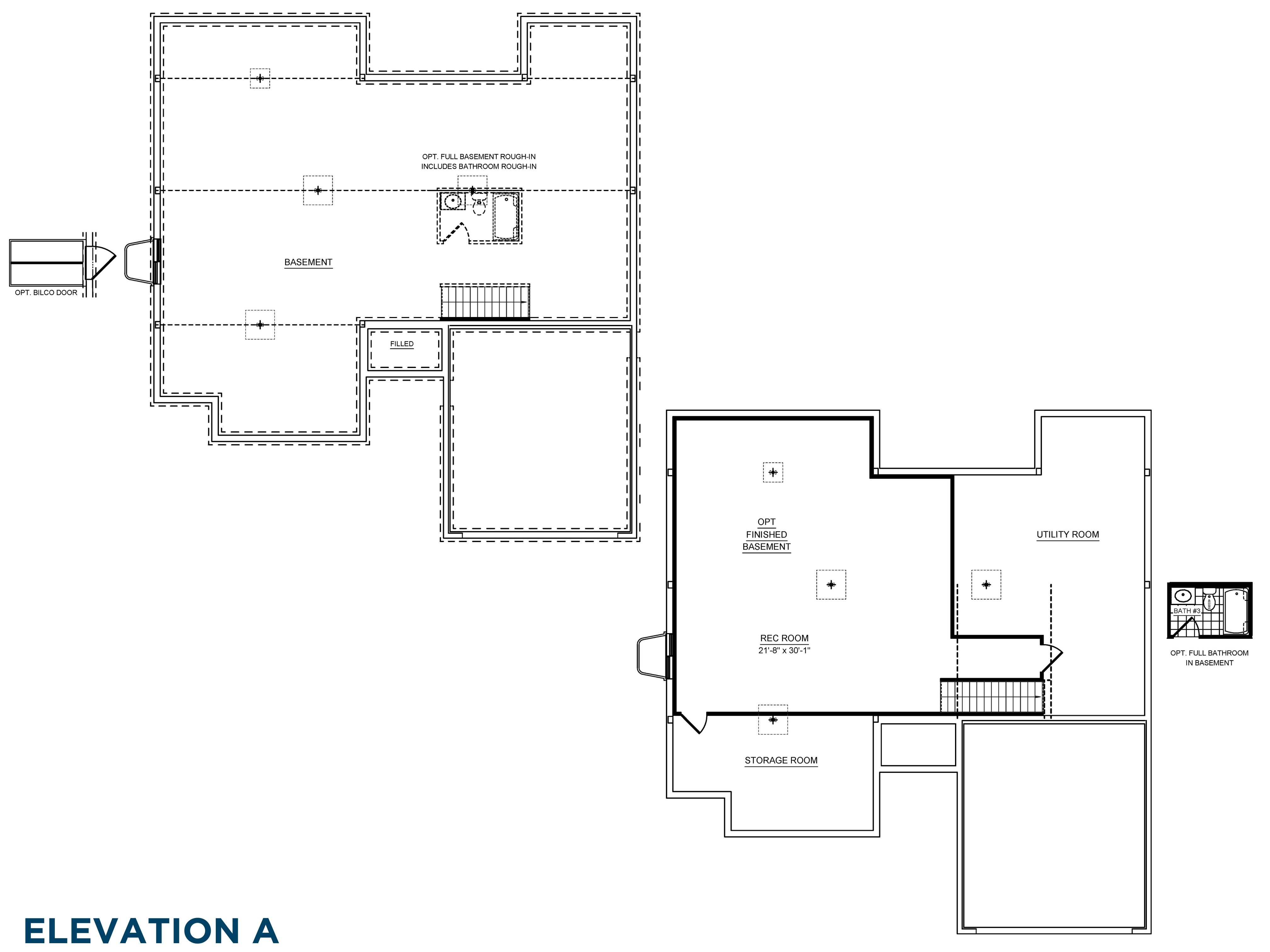 Floorplan drawing - basement layout with finished rec room option
