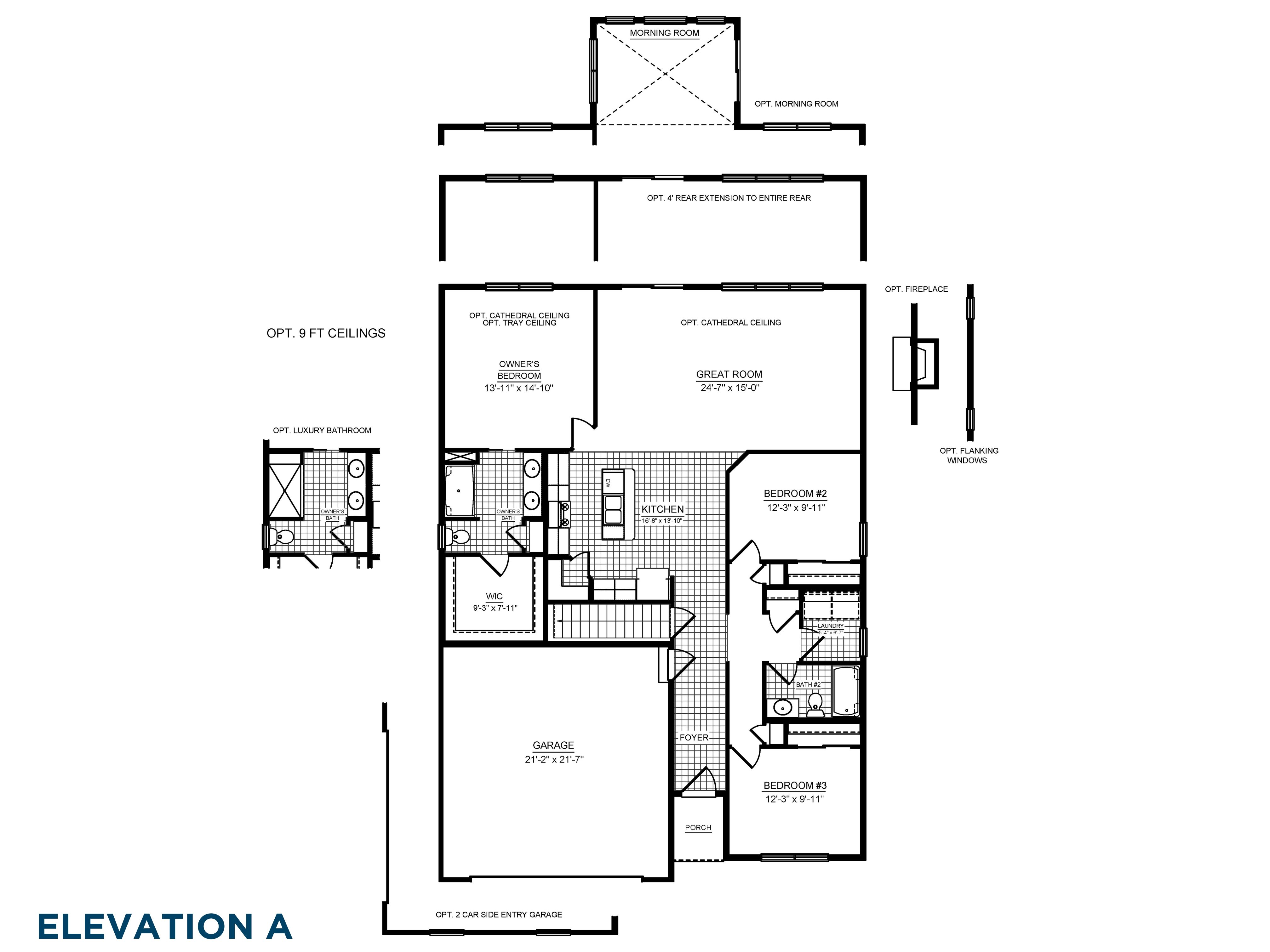 Floorplan drawing - the Rockford single family ranch home - main level living area with 3 bedrooms and two car garage