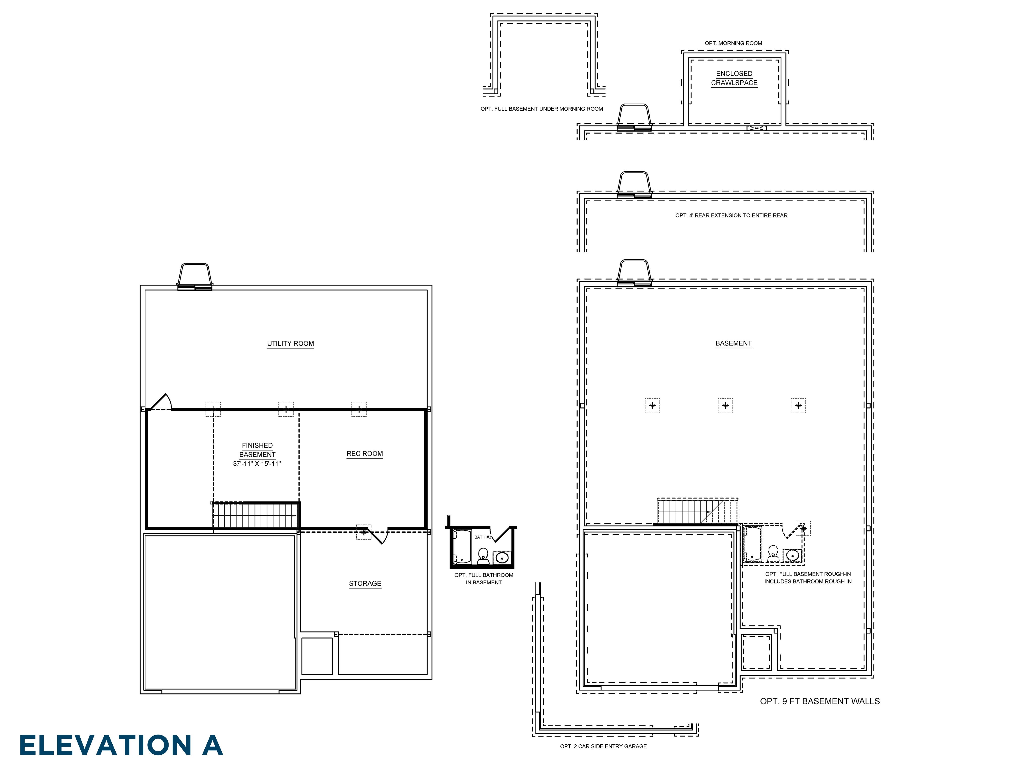 Floorplan drawing - Rockford single family ranch home - basement layout with optional finished rec room