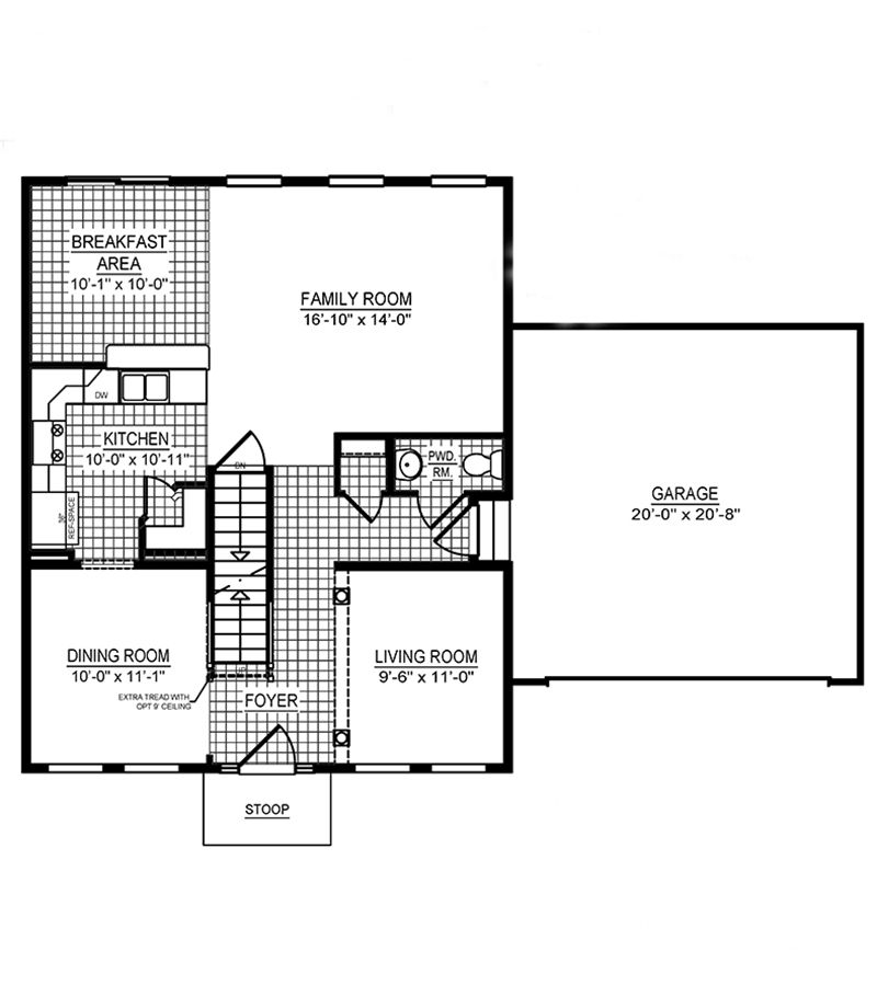 Floorplan drawing of the Brandywine floorplan - Main level living area with 2 car attached garage