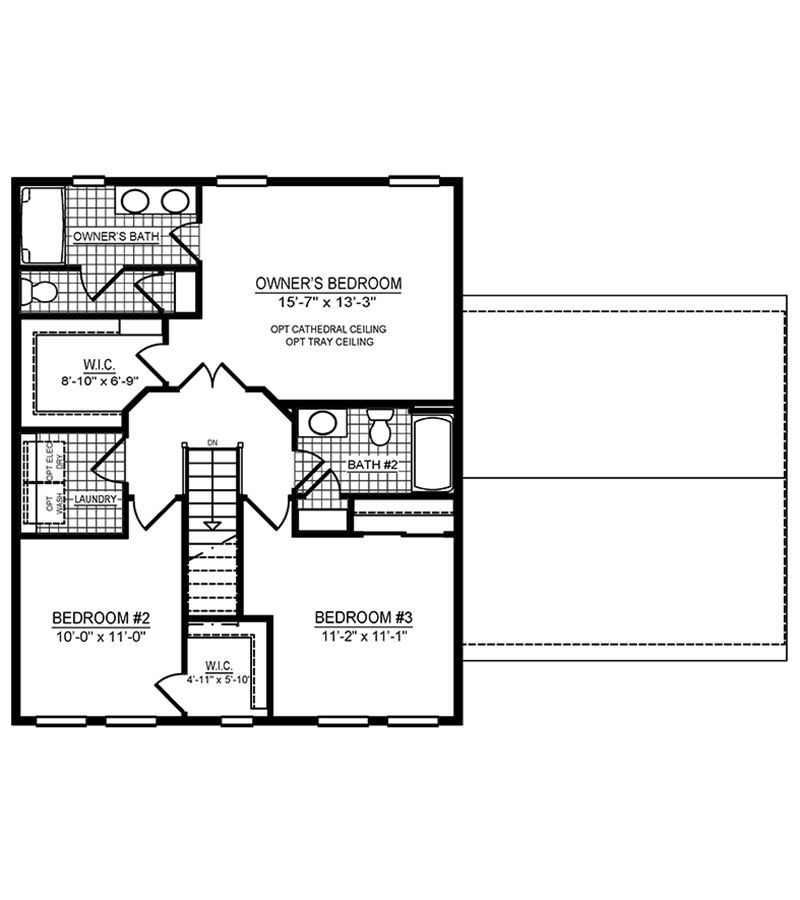 Floorplan drawing of the Brandywine floorplan - 2nd floor with 3 bedrooms, 2 full baths and laundry room