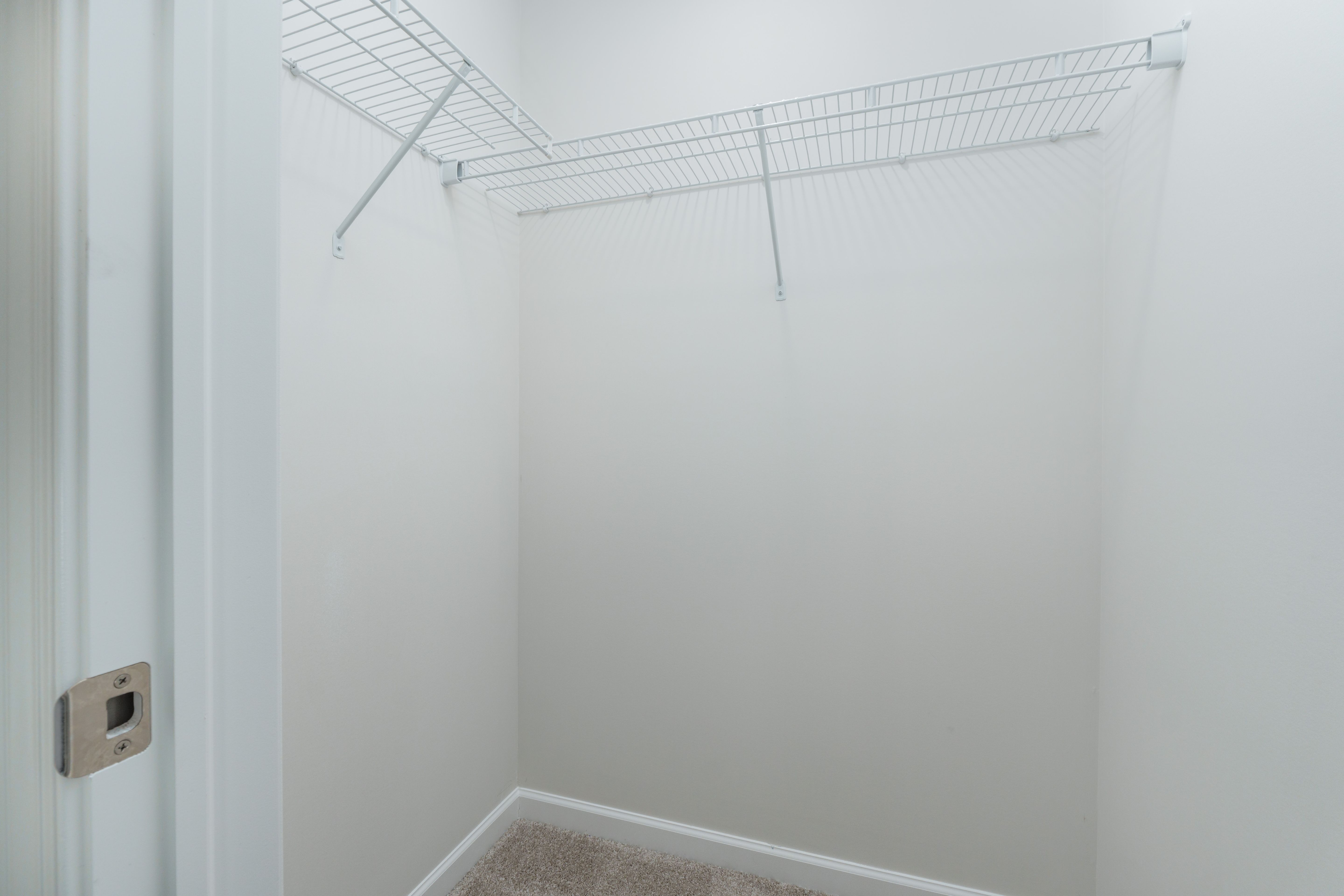 Walk-in closet with beige carpet and white wire shelving on two walls for storage and organization.