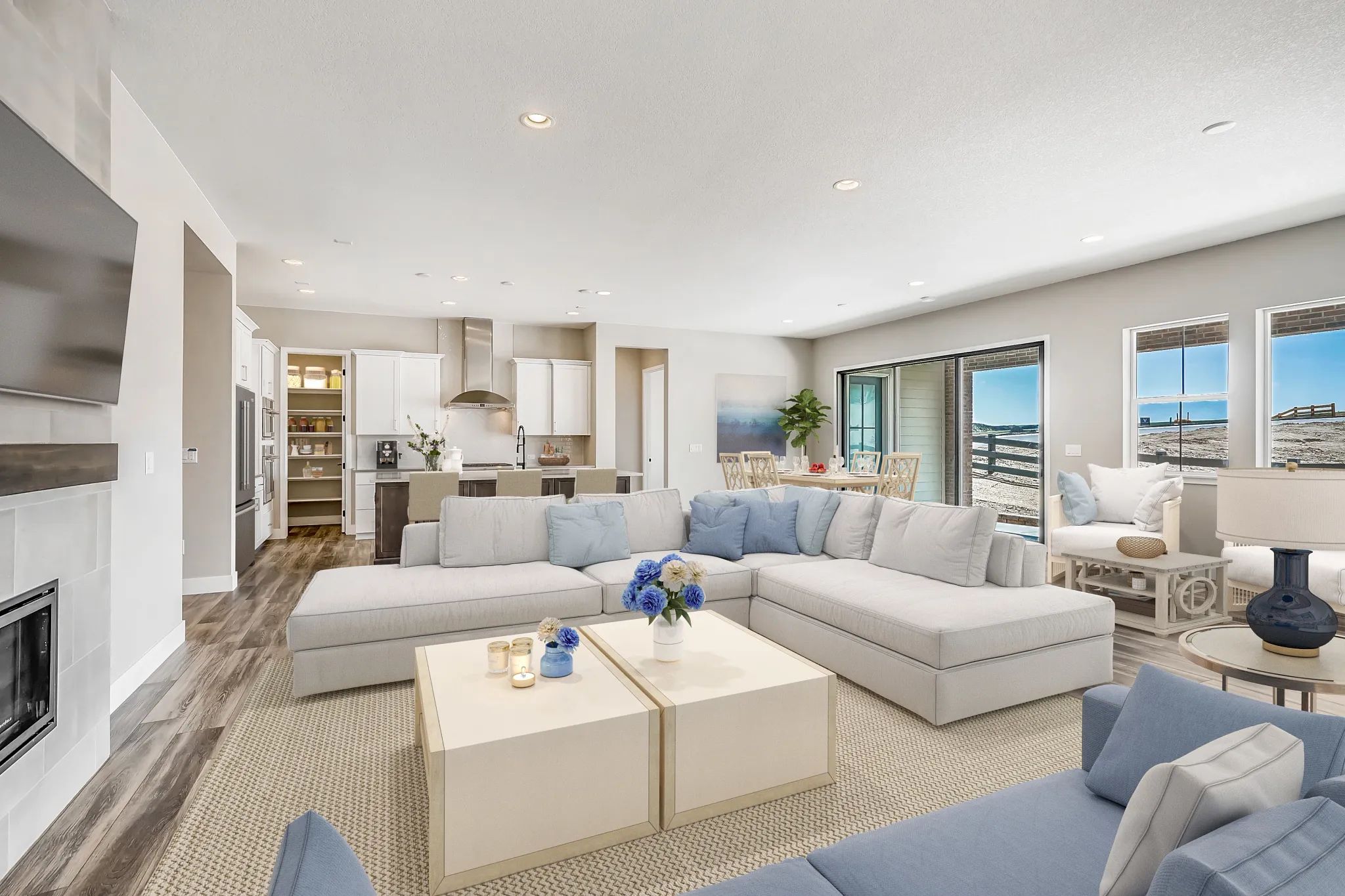 Lounge, Great Room + Kitchen