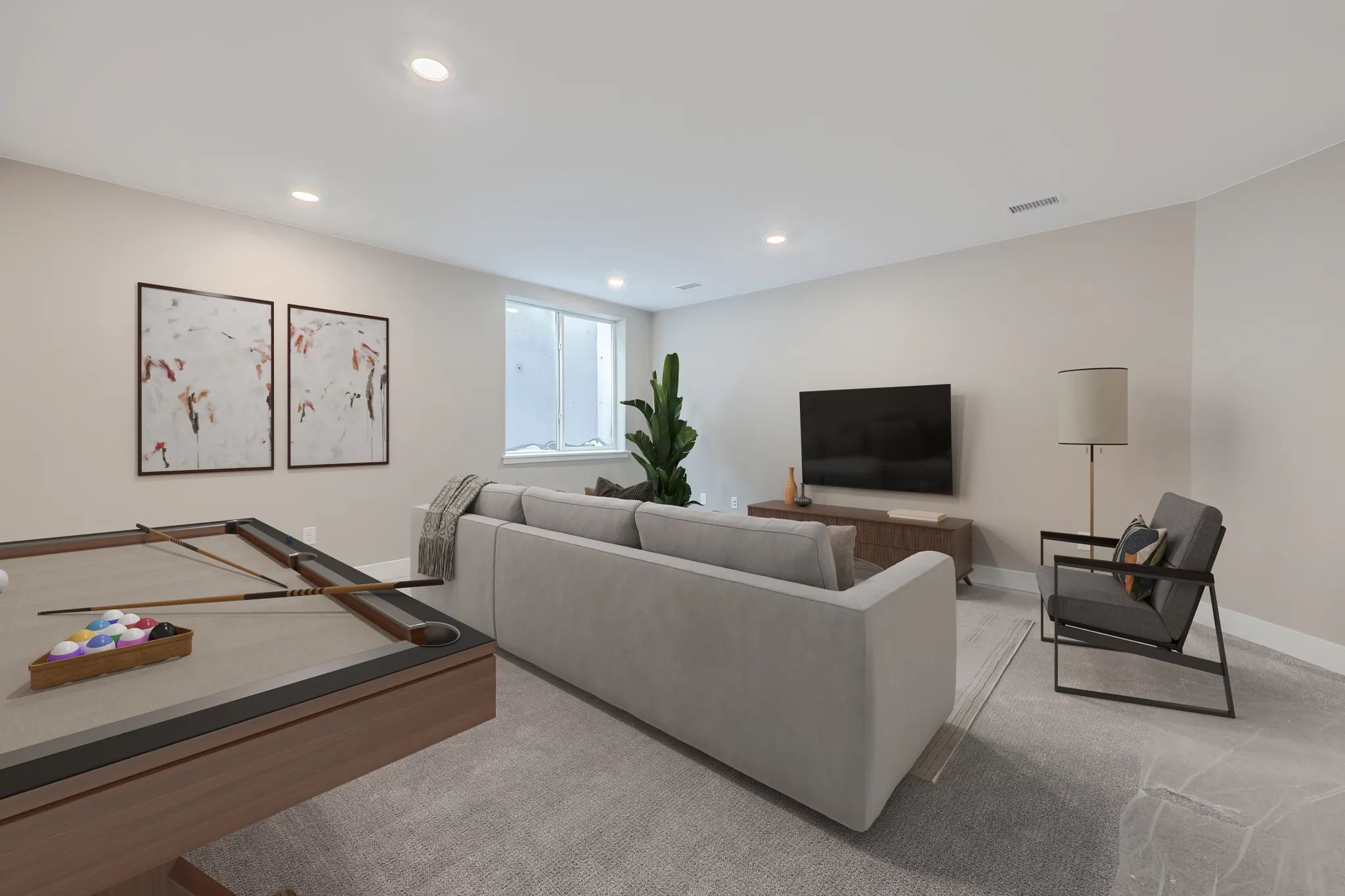 Finished Basement Rec Room - Virtually Staged