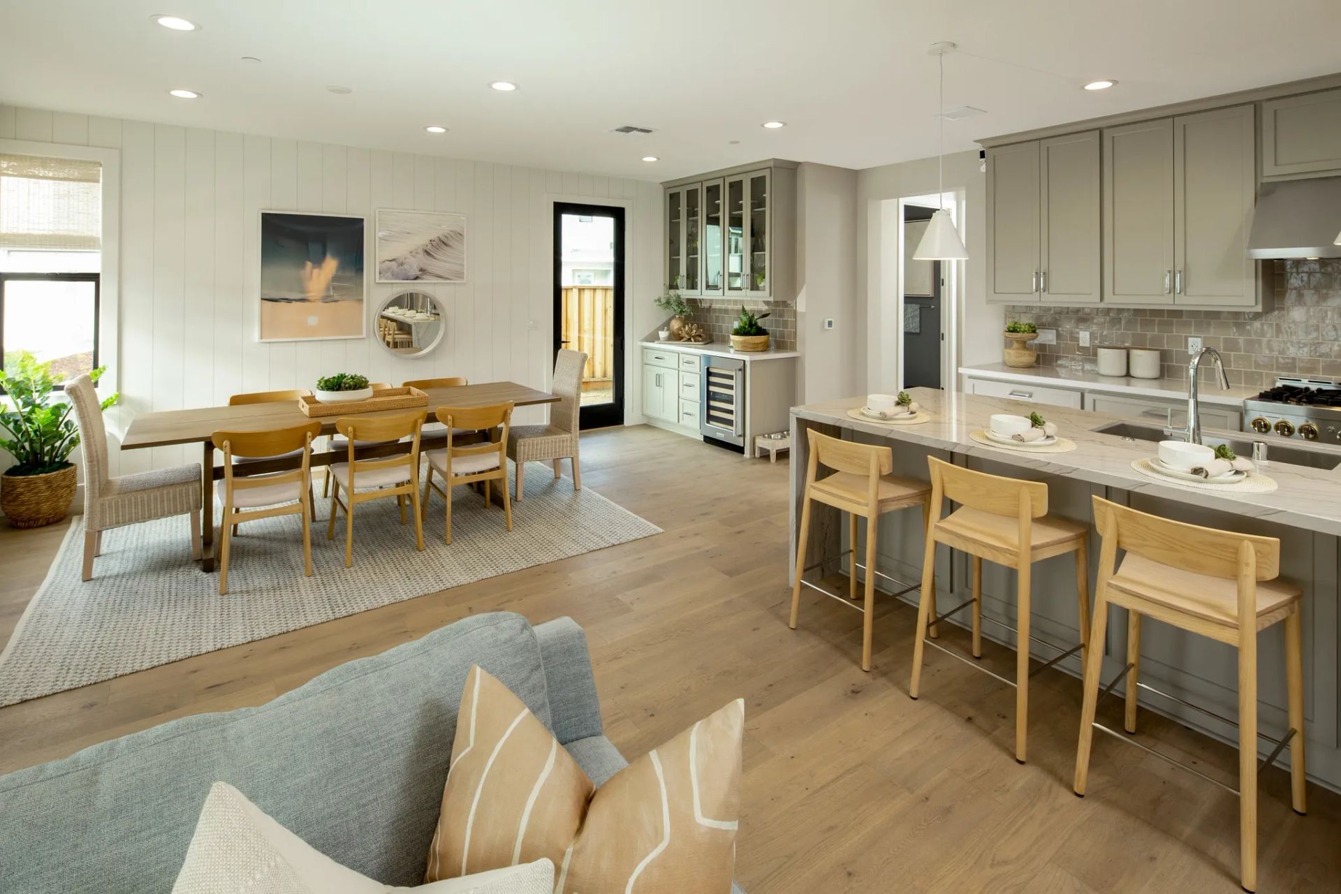 Bay House Plan 3 Model Great Room, Kitchen. Dining