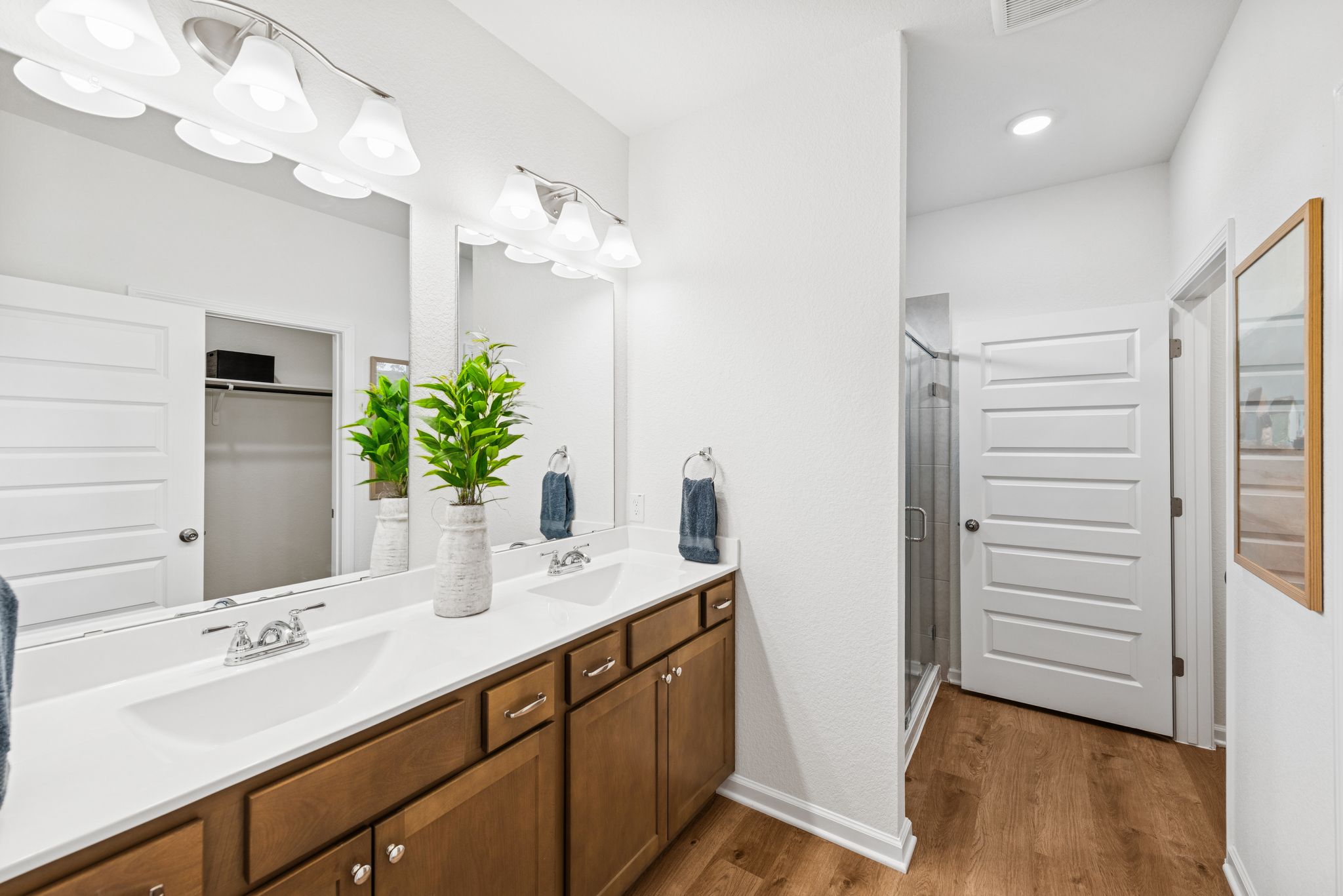 The Mockingbird II- Primary Bathroom with Dual Vanities and Large Walk-In Shower