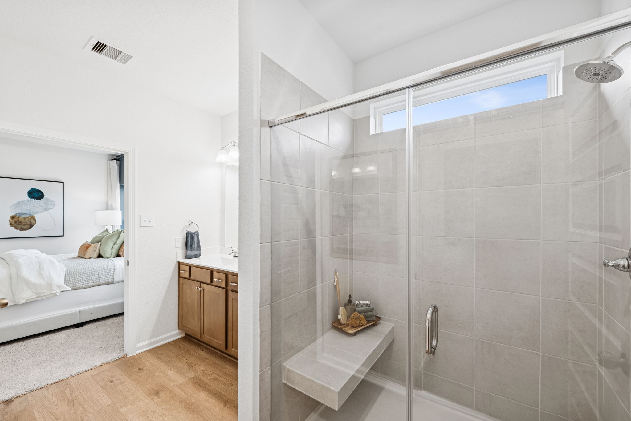 The Mockingbird II- Primary Bathroom with Dual Vanities and Large Walk-In Shower