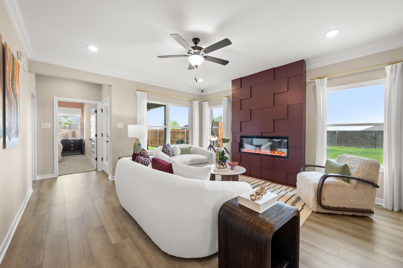The Oakshire II- Family Room with Linear Electric Fireplace