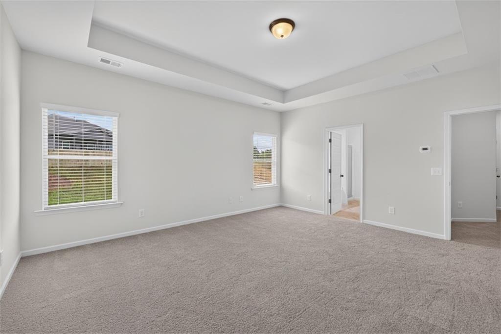 Spacious room featuring a tray ceiling, neutral carpet flooring, and two windows with blinds