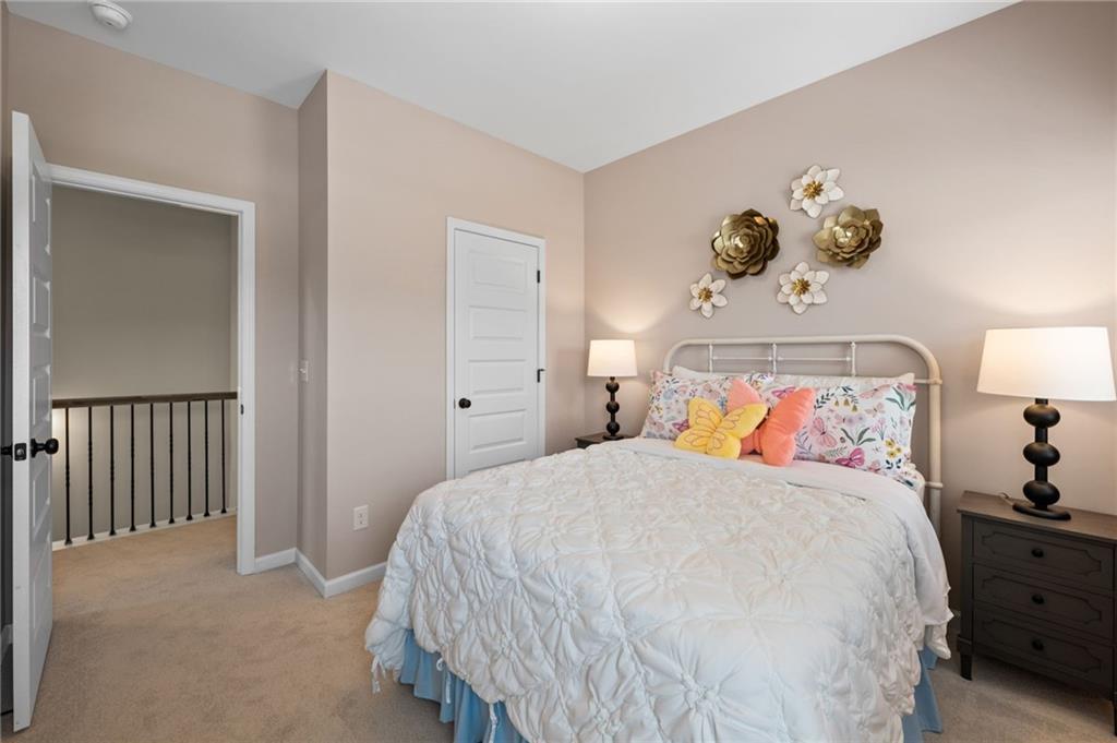 Plush carpet flooring, neutral painted walls, white trim, and a white paneled door