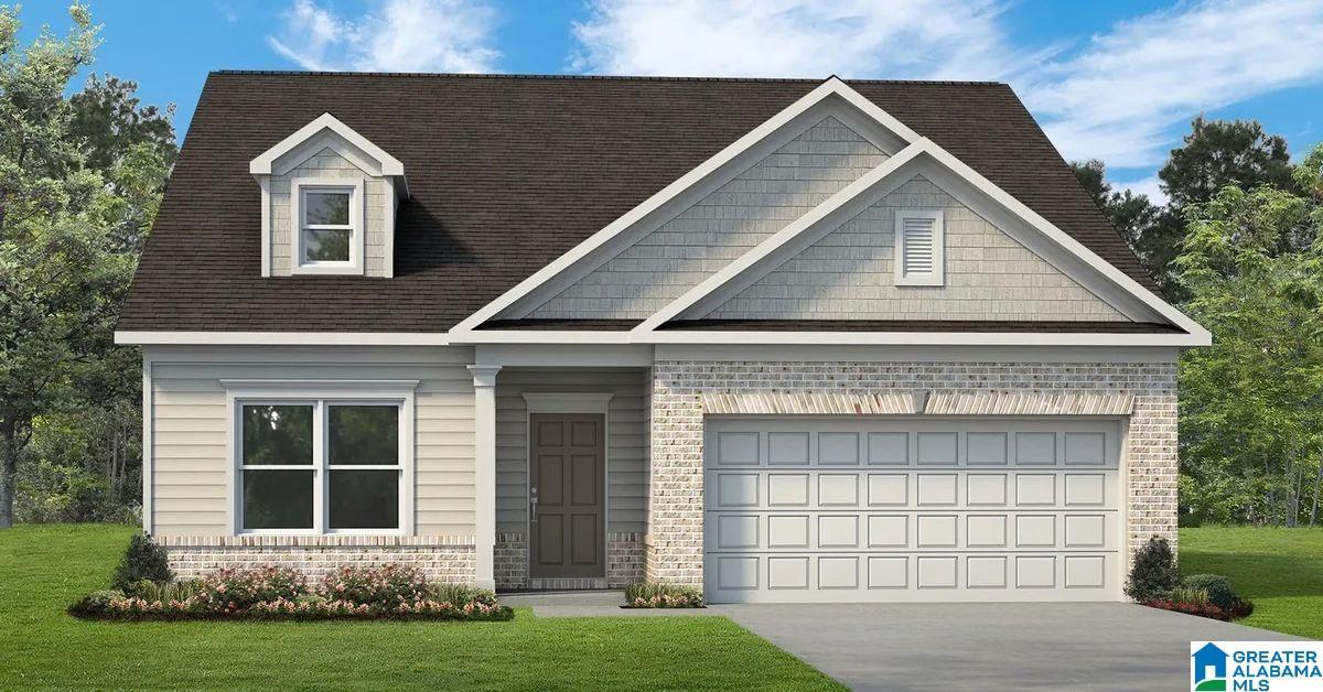 Exterior featuring light brick accents, horizontal siding, a dormer, a two-car garage, and landscaped planting beds