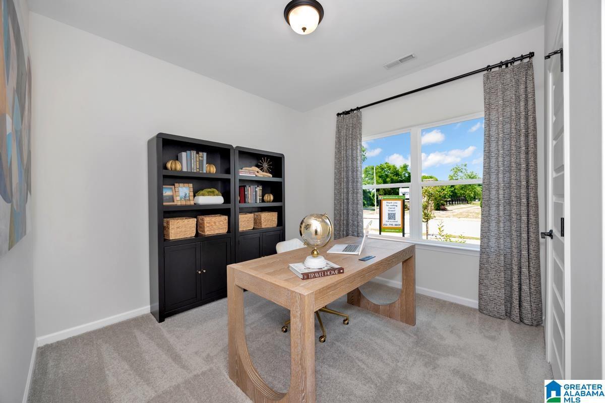 Neutral wall tones with light gray carpeting