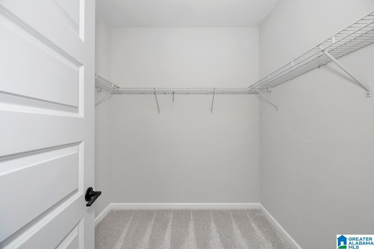 Neutral wall paint, light-colored carpet, and built-in wire shelving