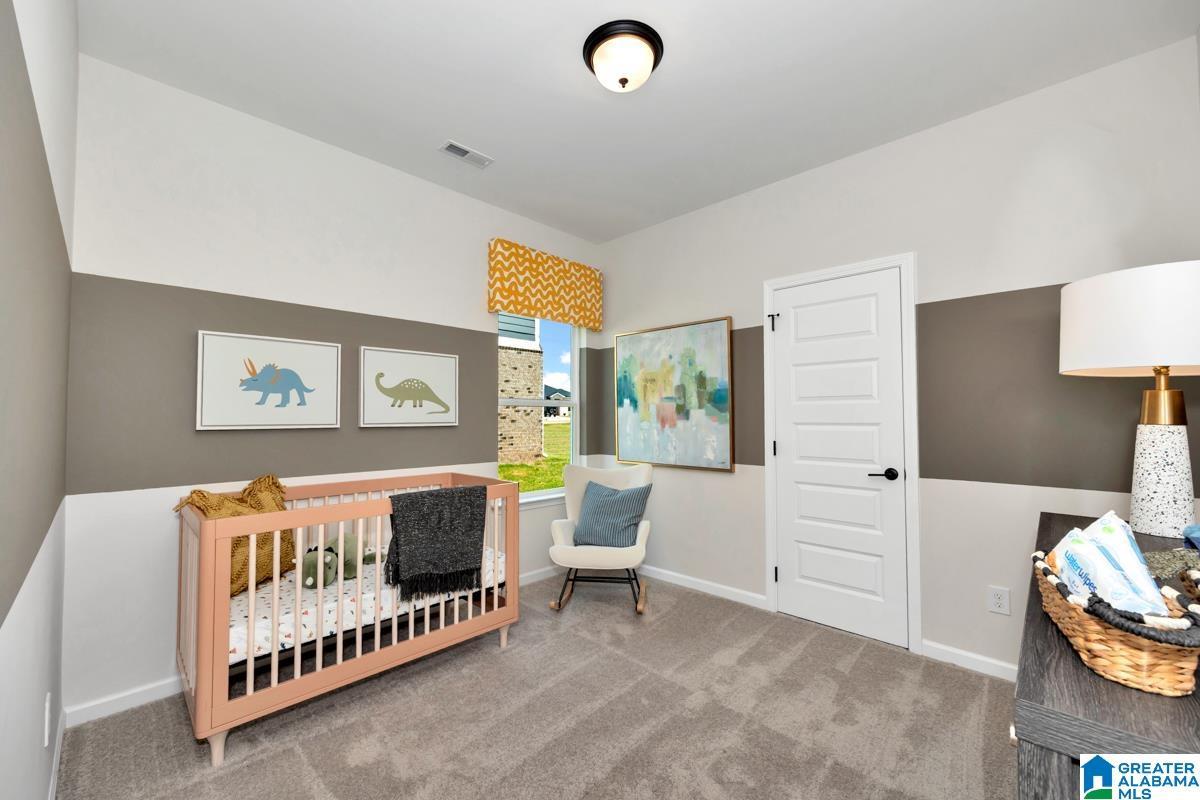 Vaulted ceiling with a flush-mount light fixture, high window with a patterned valance, paneled interior door, and light gray carpeting
