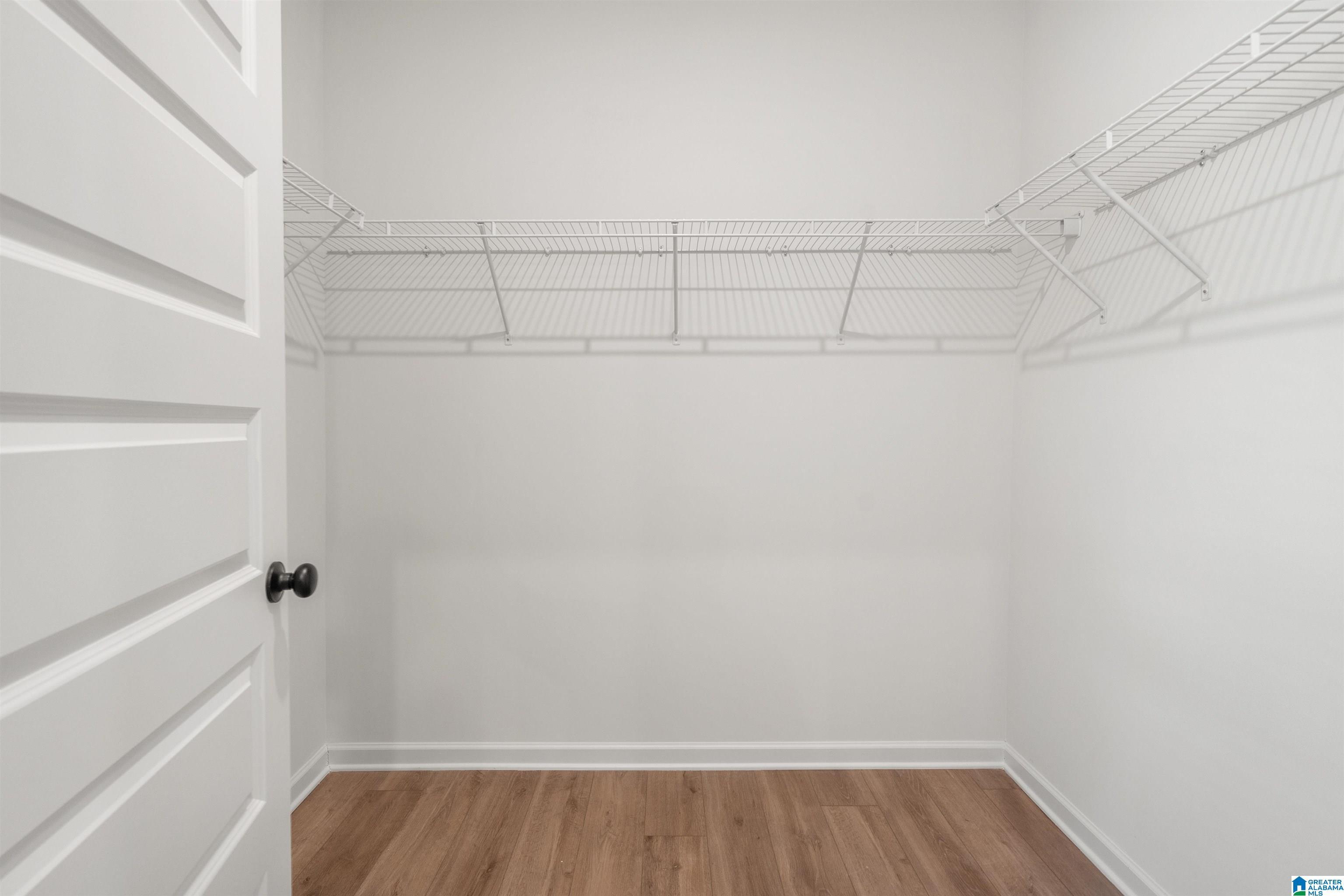 Walk-in closet featuring wire shelving, neutral wall tones, and wood-finish flooring