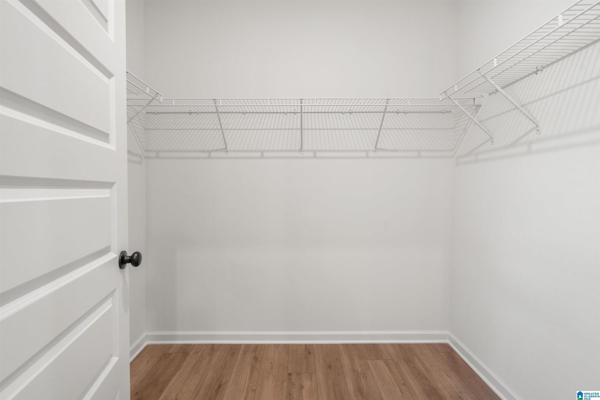 Walk-in closet featuring wire shelving, neutral wall tones, and wood-finish flooring