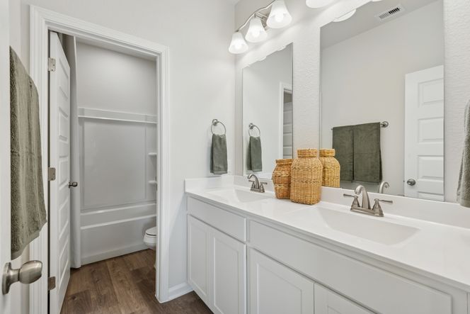 The Princeton II- Upstairs Hall Bathroom with Dual Vanities