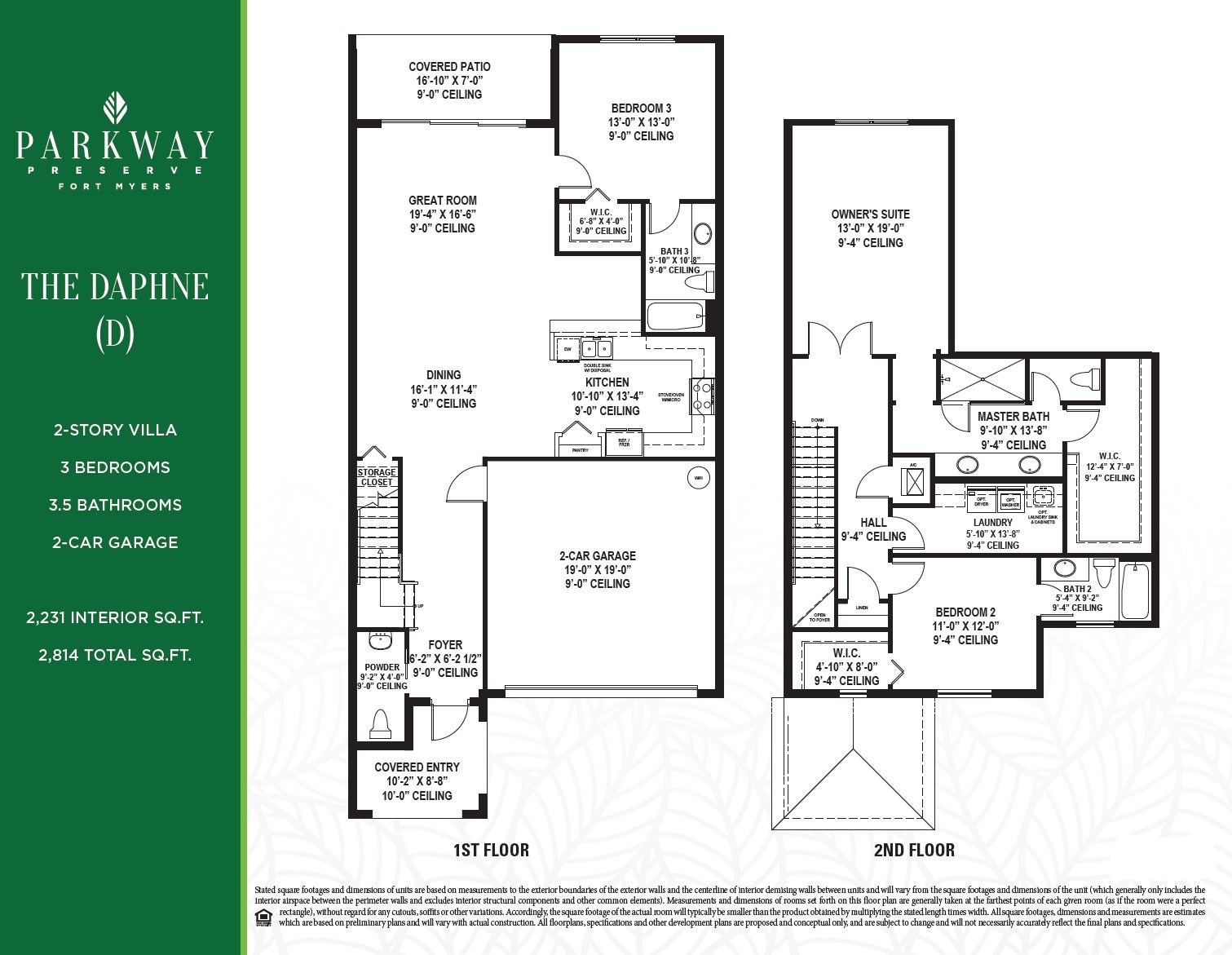 THE DAPHNE (D) 2-STORY TOWNHOME • 3 BEDROOMS  3.5 BATHROOMS 2-CAR GARAGE 2,209 INTERIOR SQ. FT. 2,784 TOTAL SQ. FT.