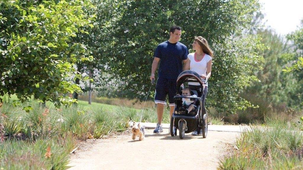 family walking with dog