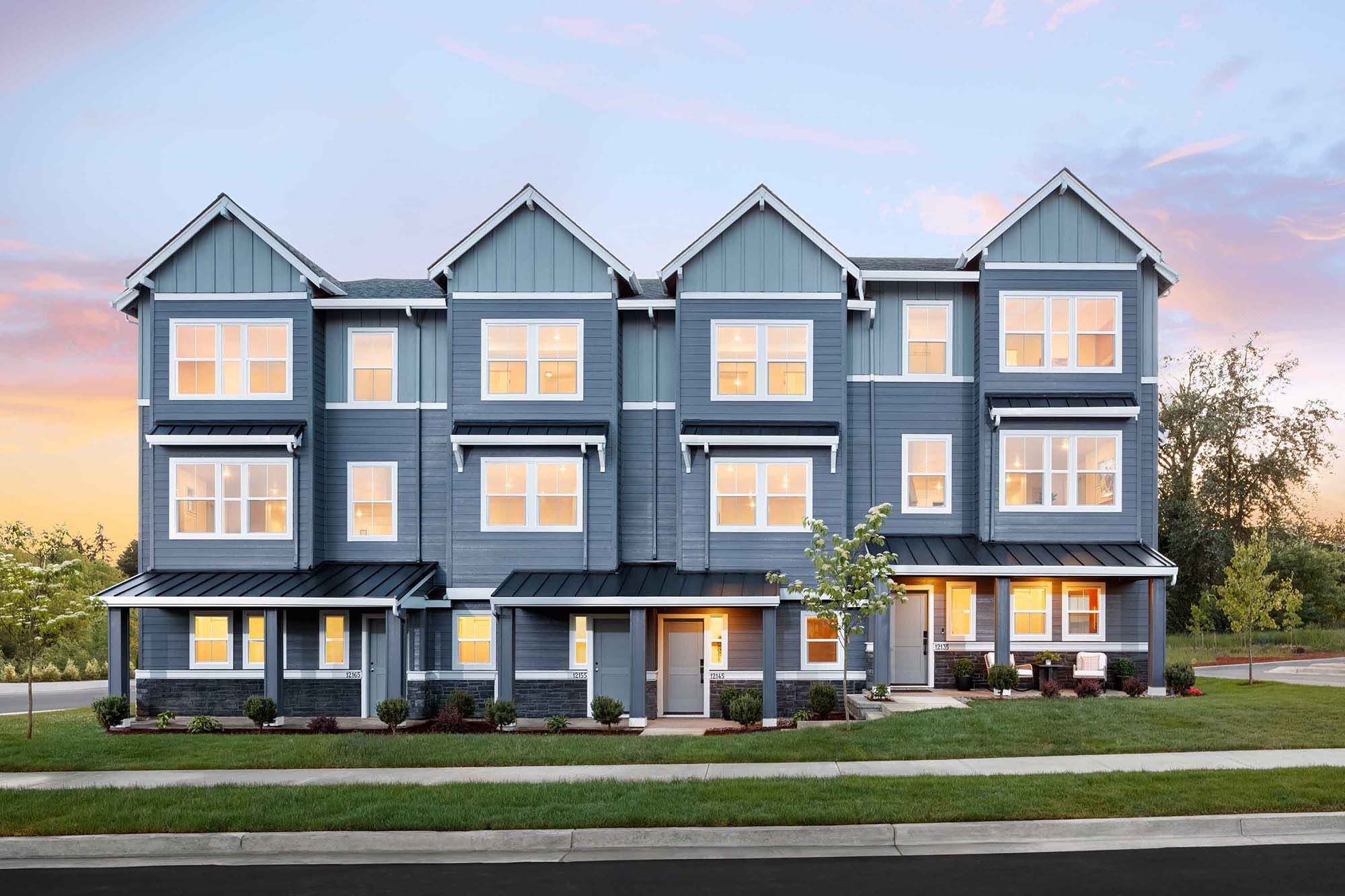 Dusk Exterior of Piedmont floorplan at The Townes at The Vineyard