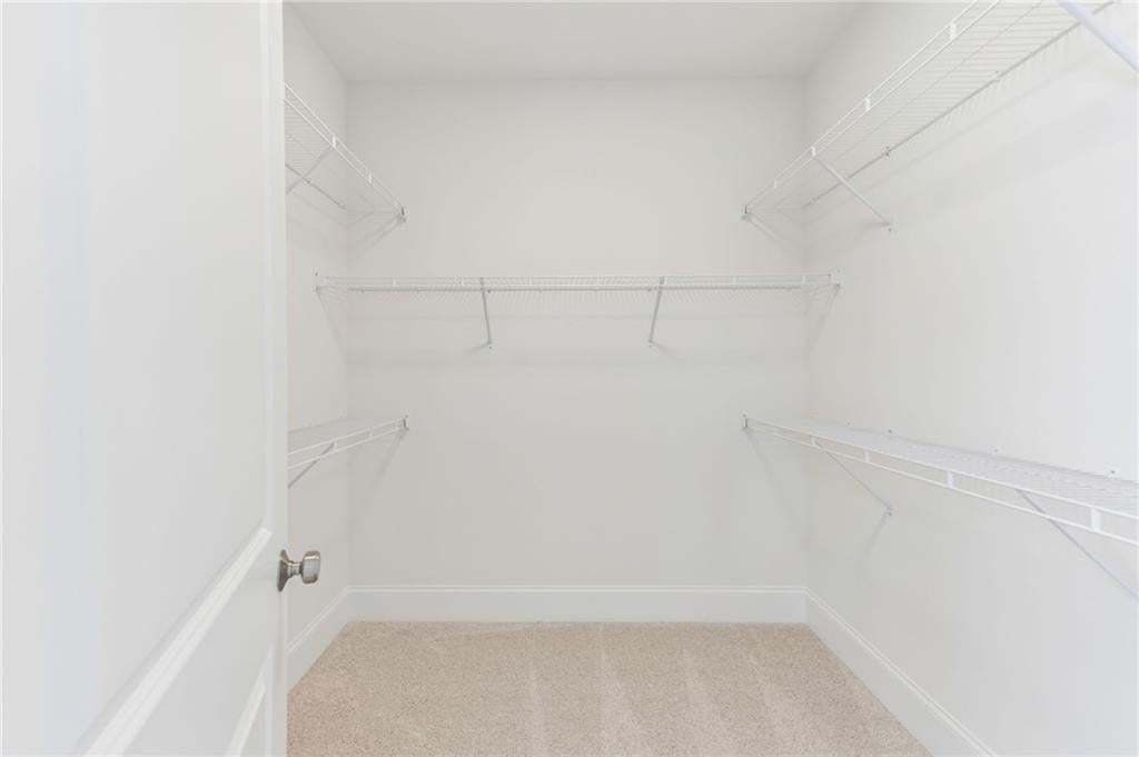 Walk-in closet featuring wire shelving, hanging rods, and light-colored carpeting