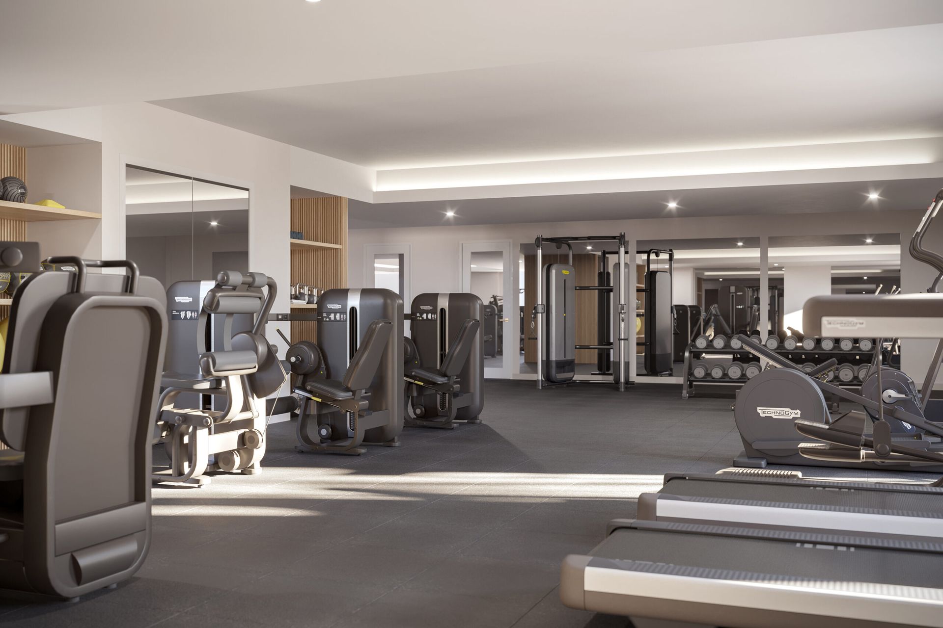 State of the art fitness center featuring separate stretching/yoga area Sauna and steam room. Locker rooms with showers and dressing areas.