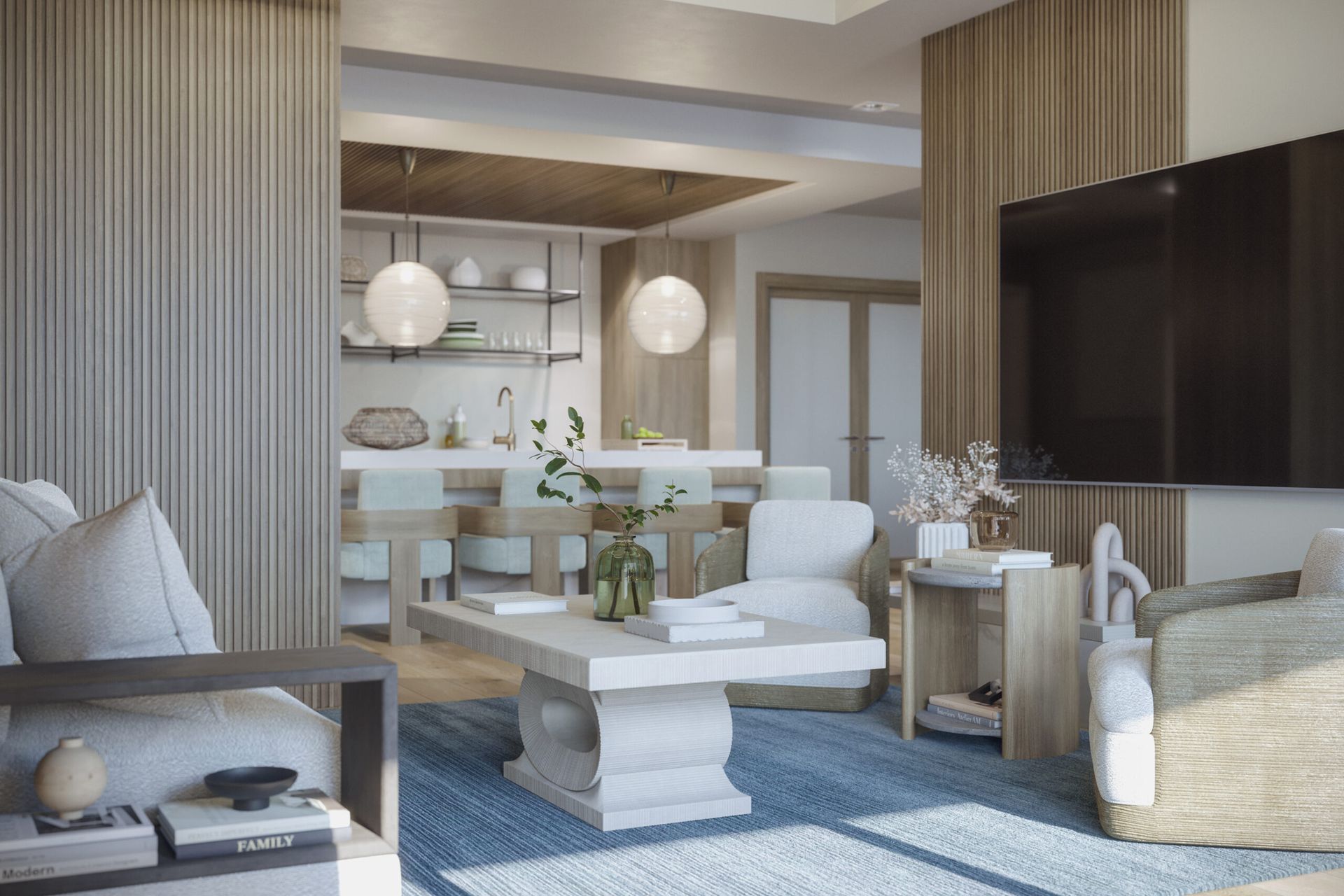 Social room with comfortable seating, and bar.