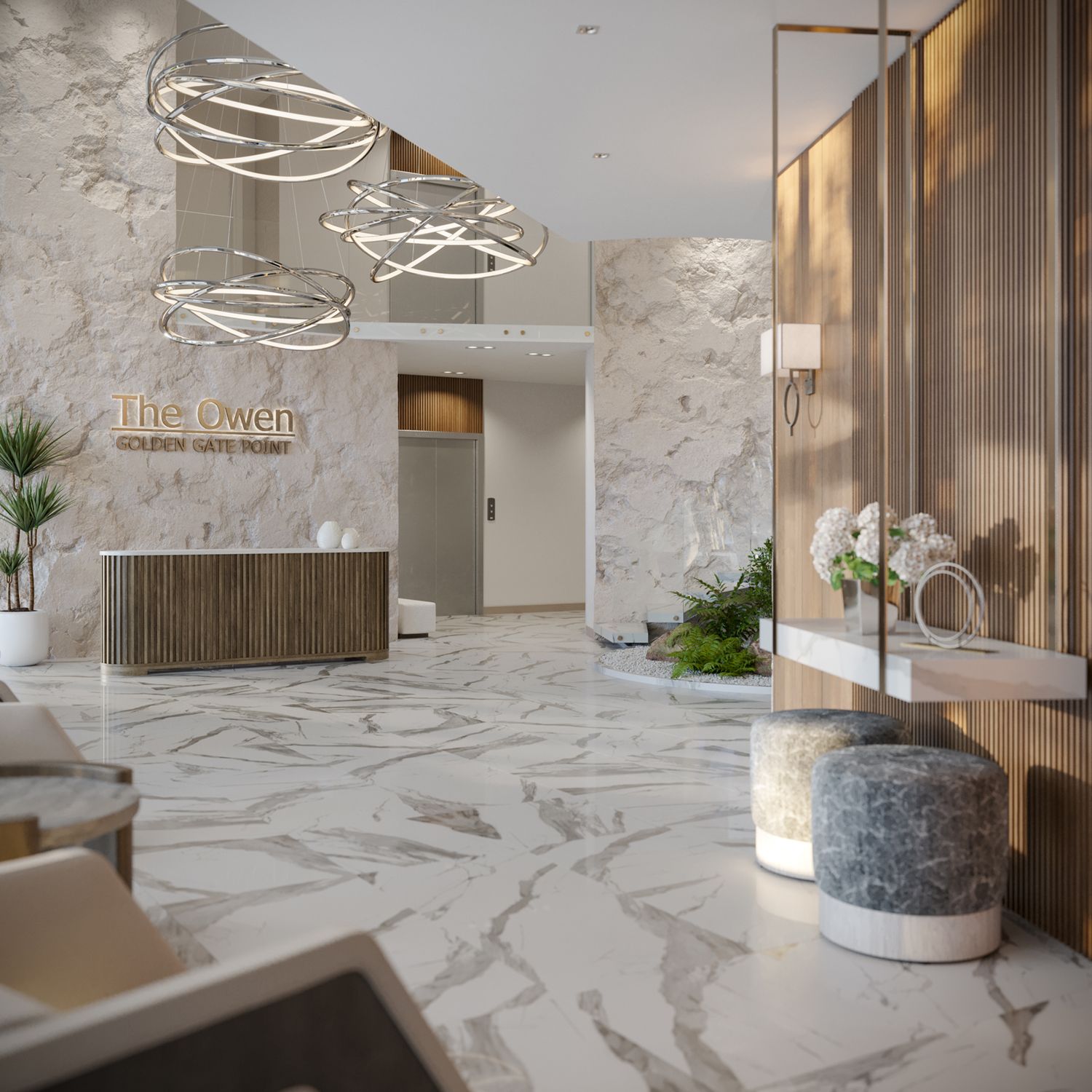 Reception desk with concierge.  Separate mail and package rooms.