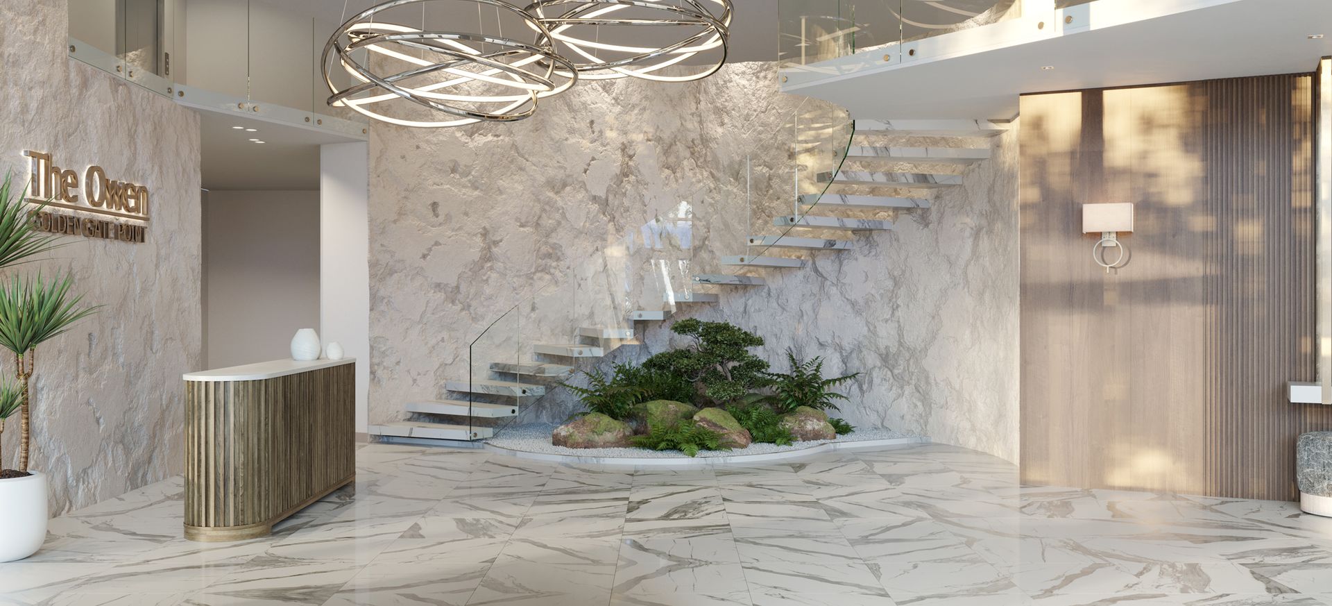 Grand two-story rotunda lobby. Reception desk with concierge.