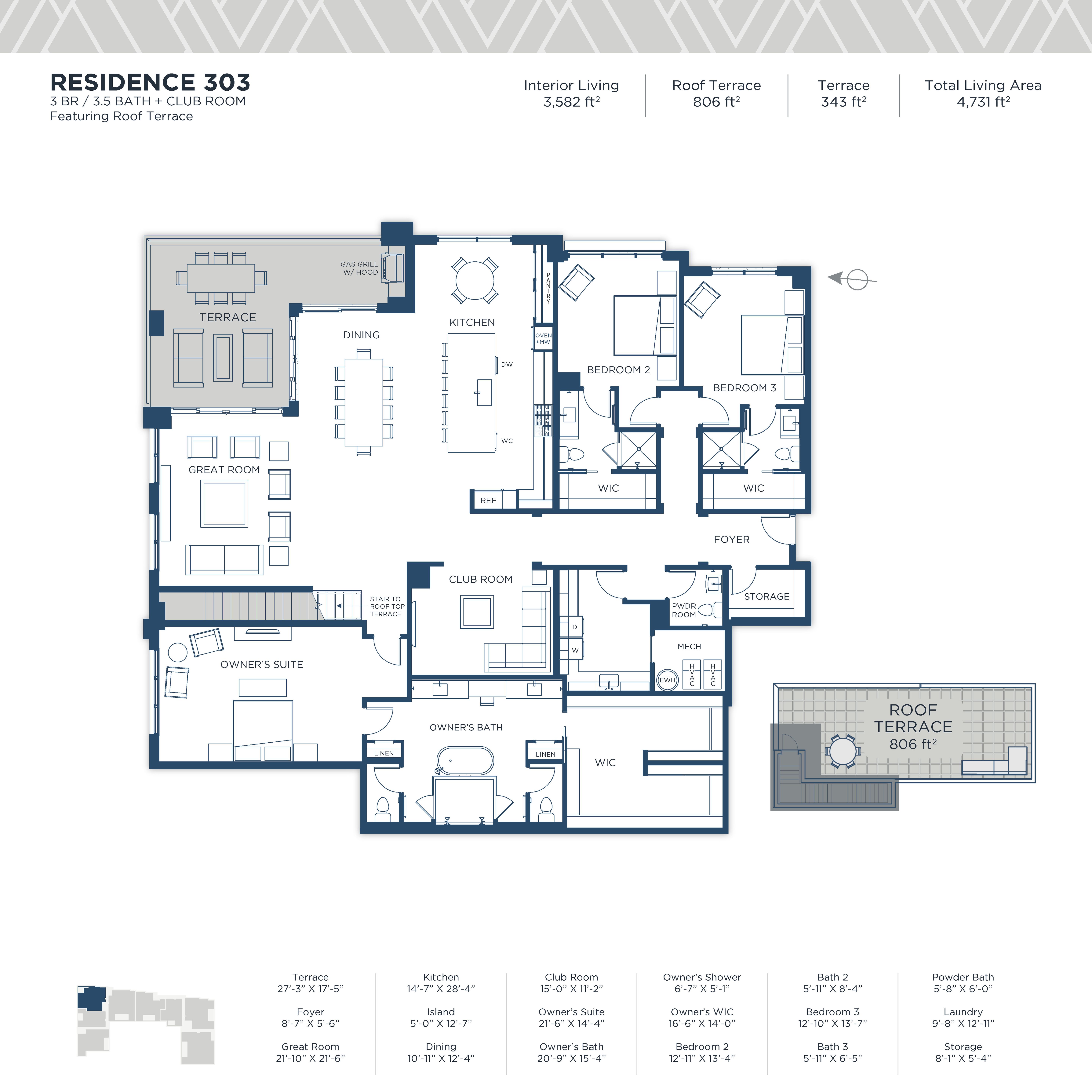 3 Bedrooms, 3.5 Bathrooms, Club Room, & Private Rooftop Terrace.