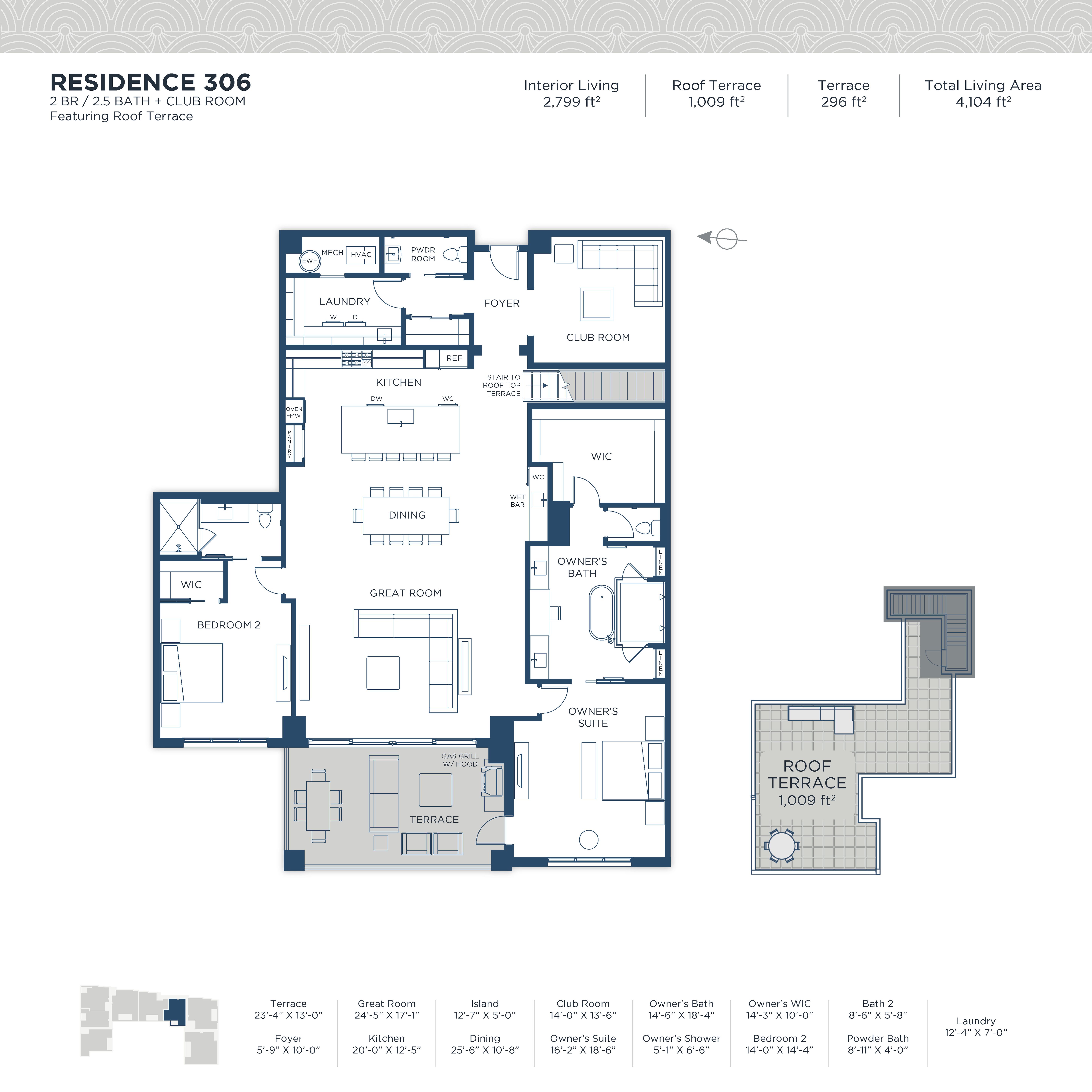 2 Bedrooms, 2.5 Bathrooms, Club Room & Private Rooftop Terrace.