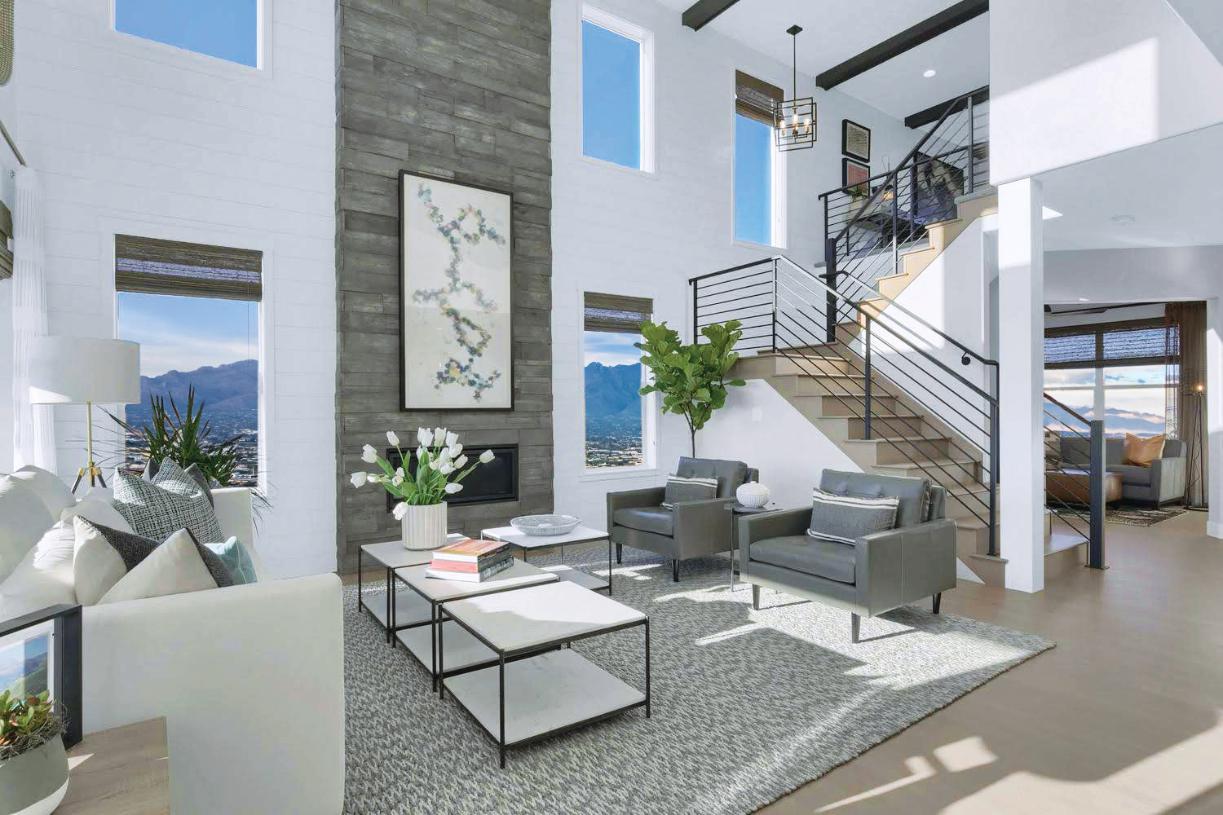 Highlight your great room with an open metal handrail or floor-to-ceiling fireplace surround