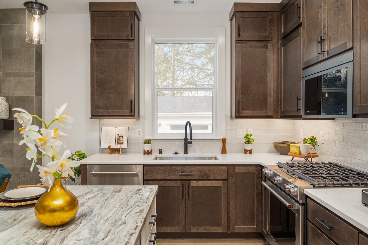 Striking dolomite slab stone countertop on the island