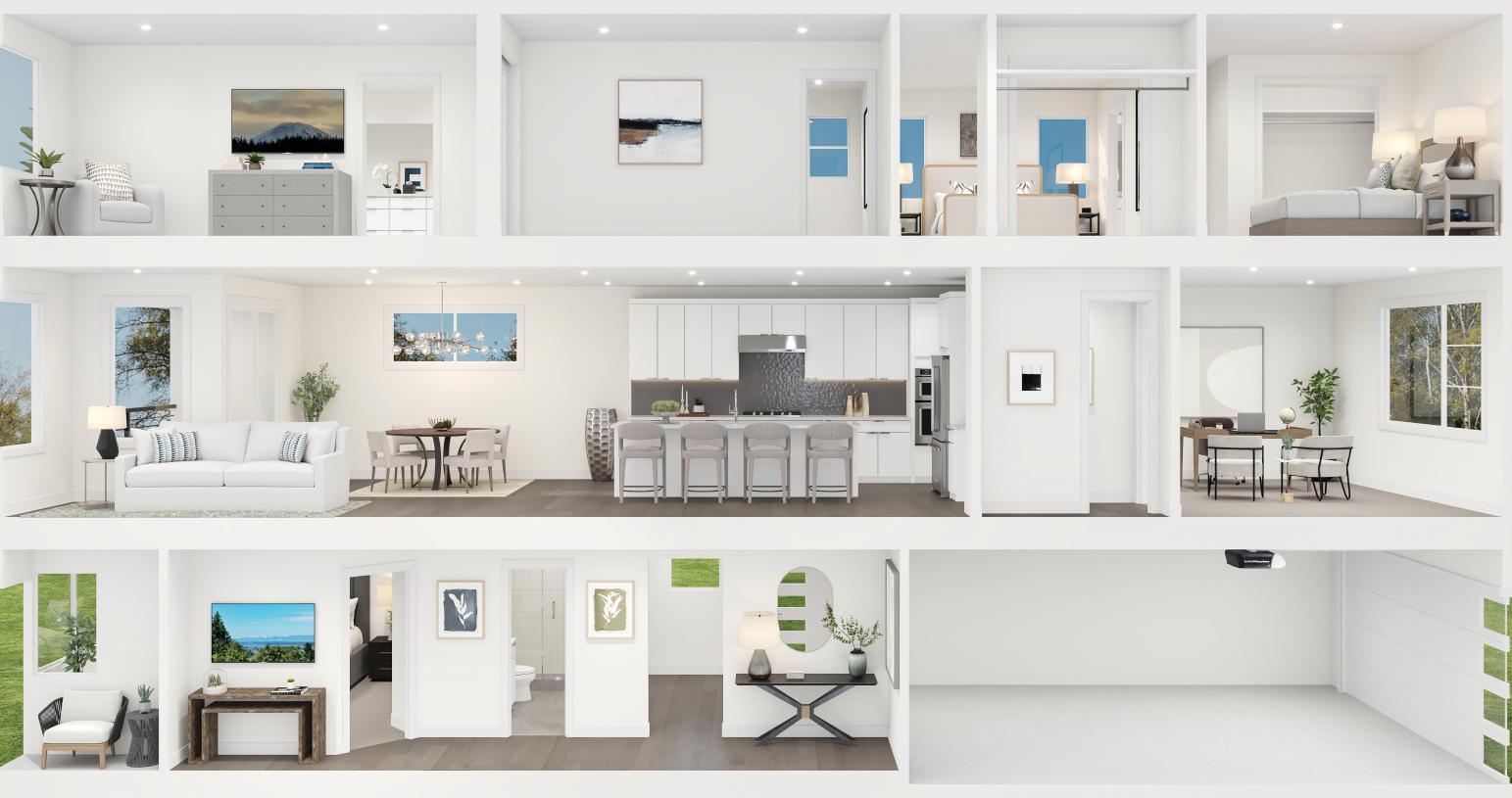 Cross section of the Bannerwood home design shows three levels of luxury living