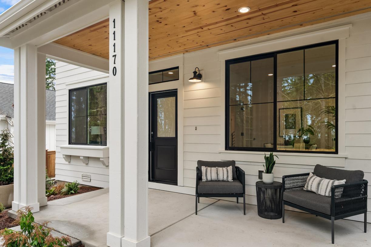Inviting front patio overlooks the greenbelt