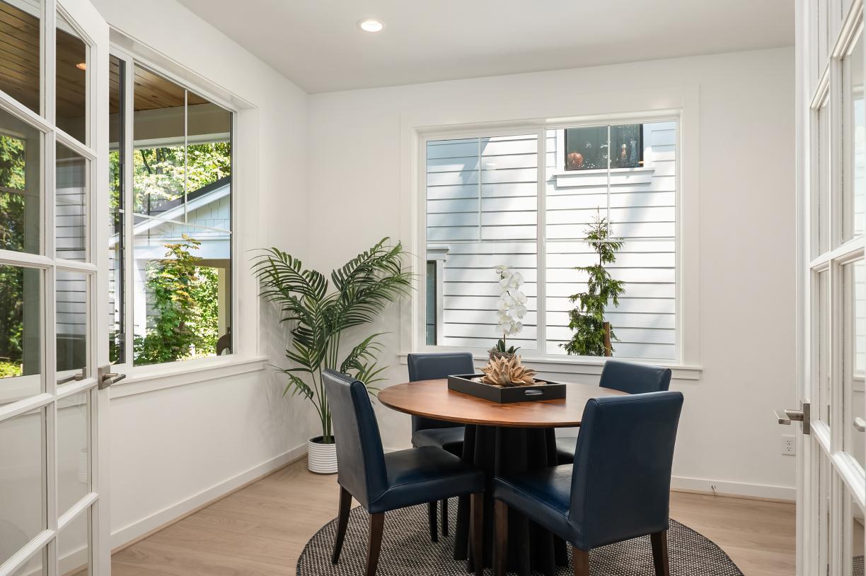 Flex room with French doors could be used as a ding room, office, or bedroom