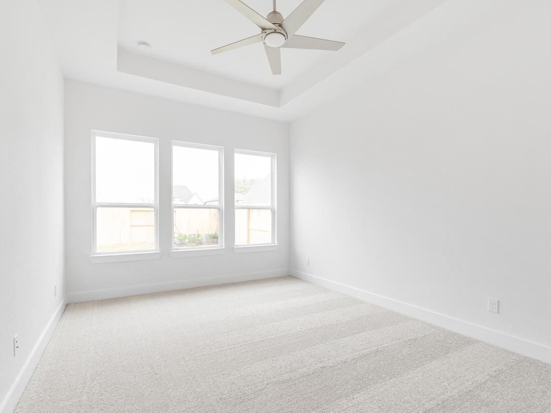 Primary bedroom with tray ceilings