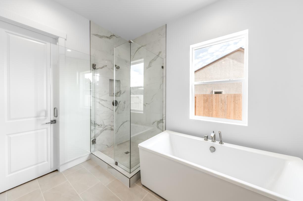 Large freestanding soaking tub and beautiful walk-in shower in primary bathroom