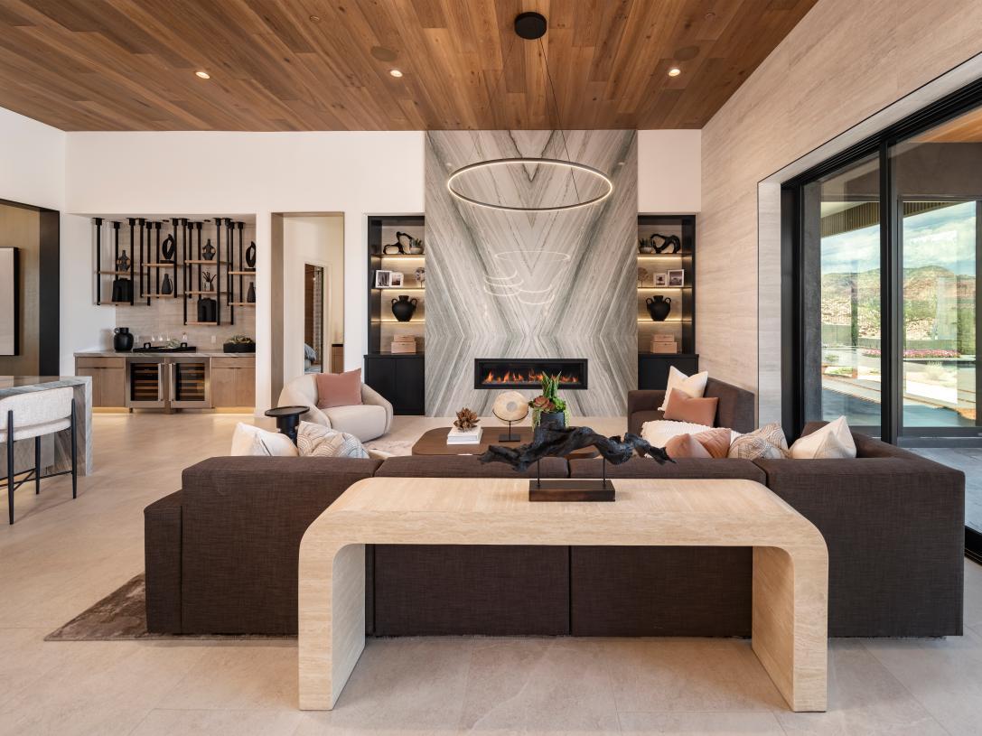 Striking fireplace in spacious great room